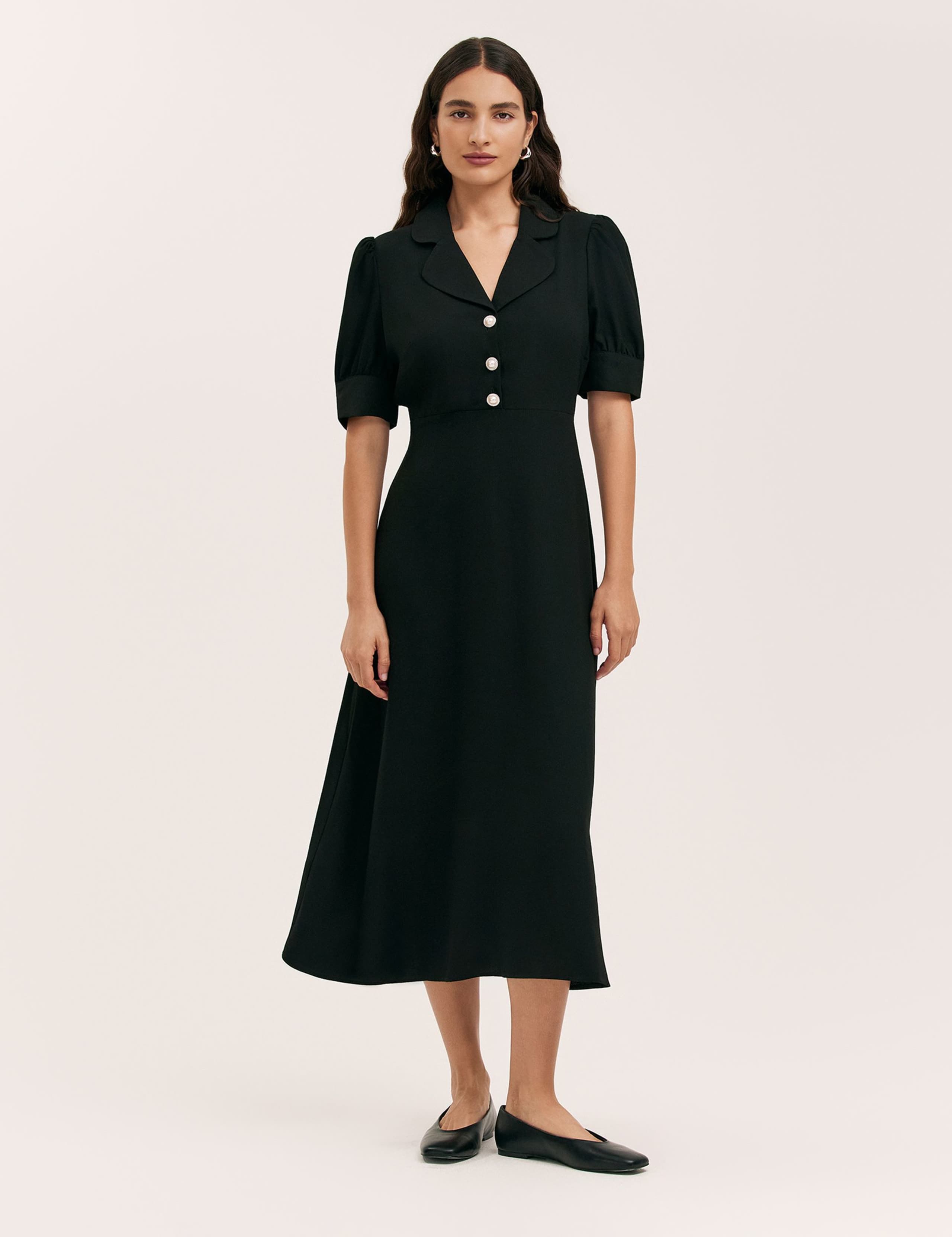 Crepe Collared Puff Sleeve Midi Tea Dress