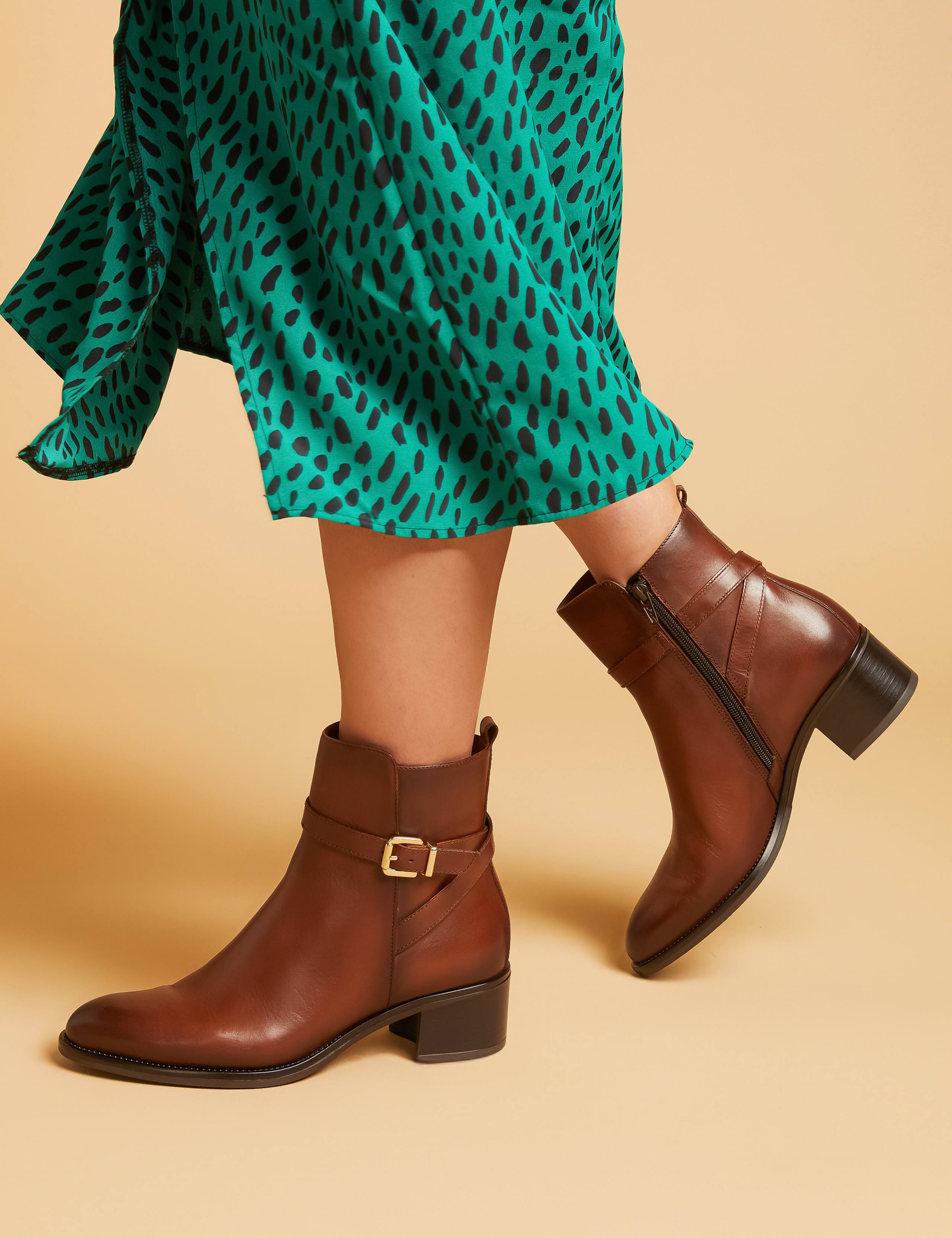 Leather Buckle Block Heel Ankle Boots