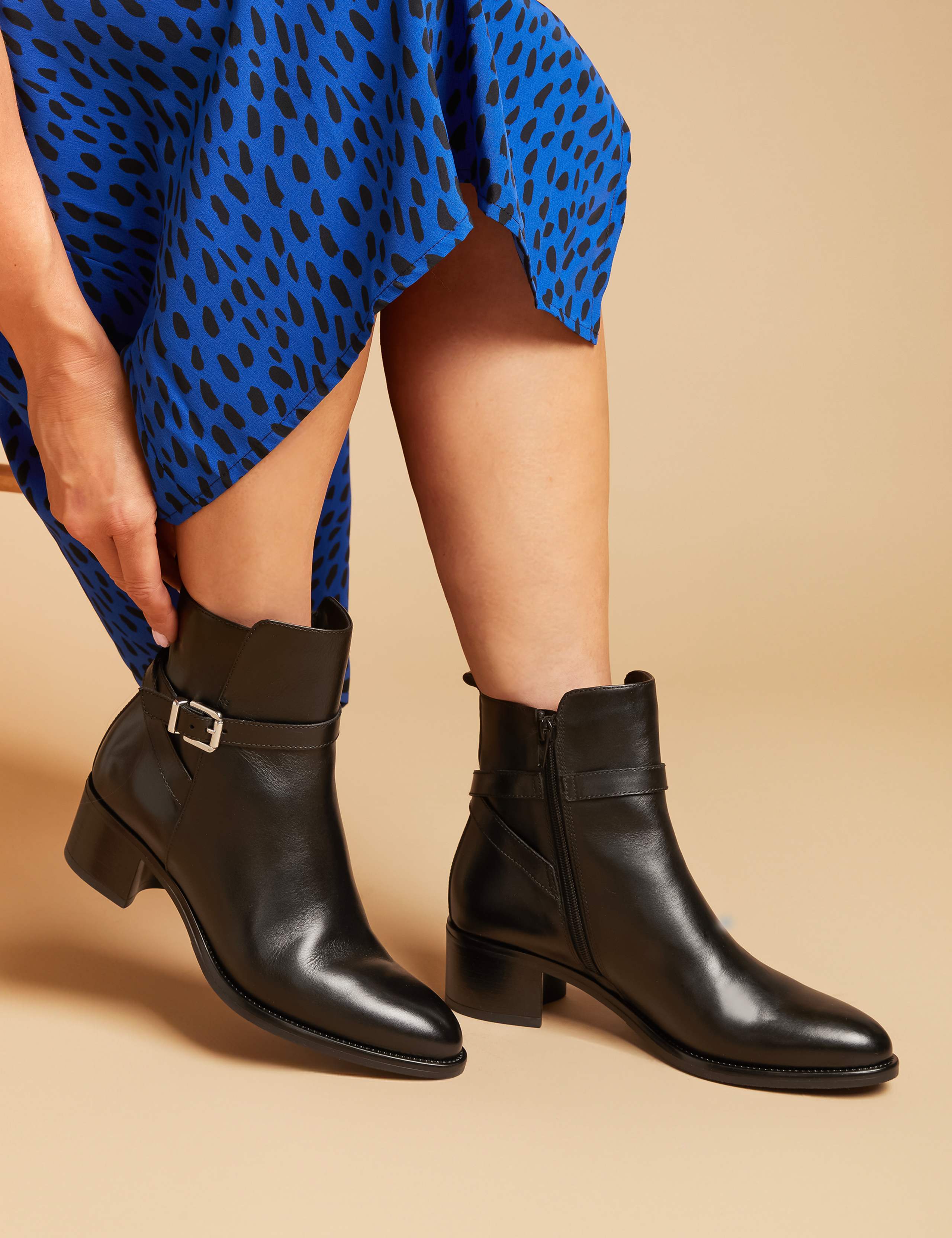 Leather Buckle Block Heel Ankle Boots