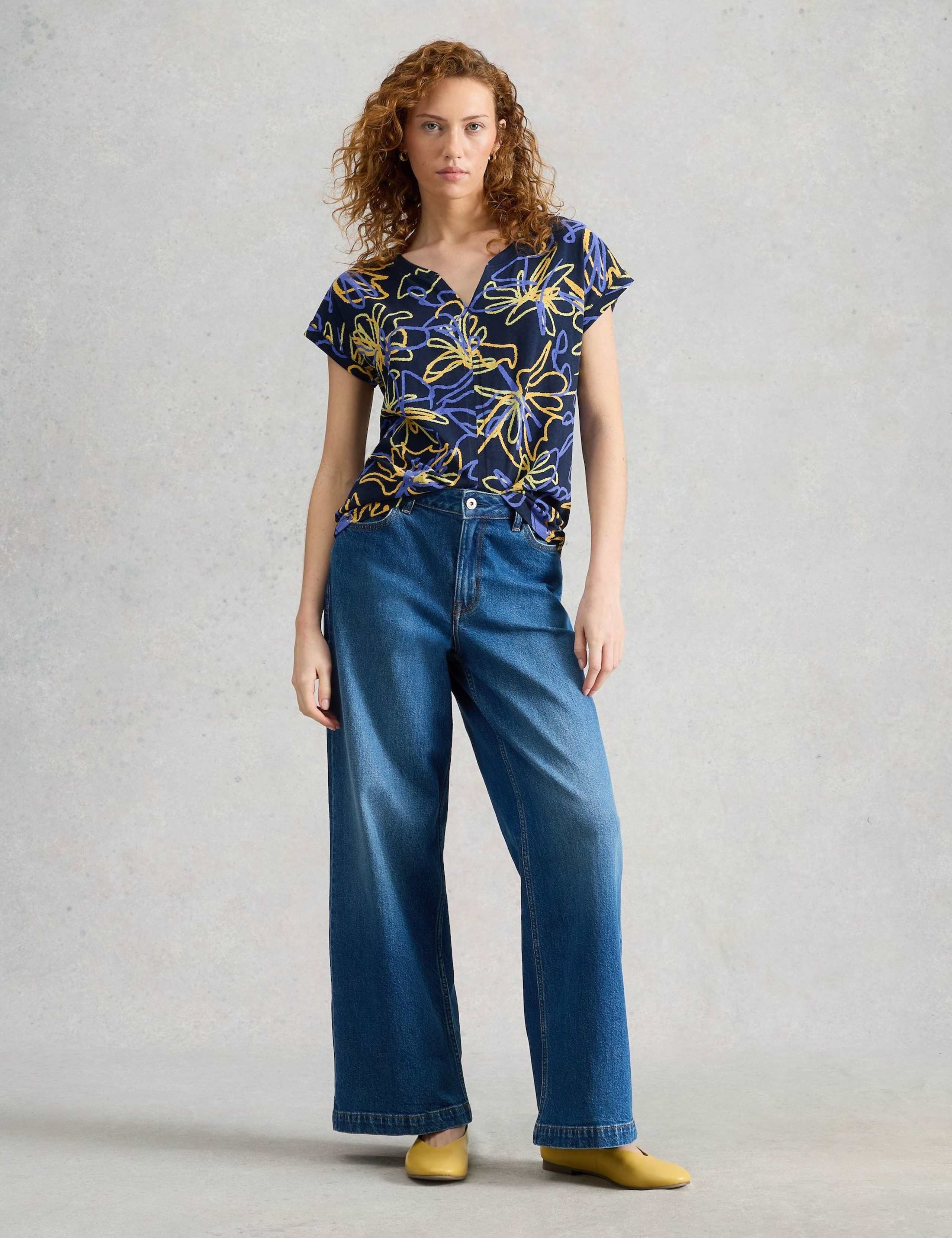 Pure Cotton Print Notch Neck T-Shirt