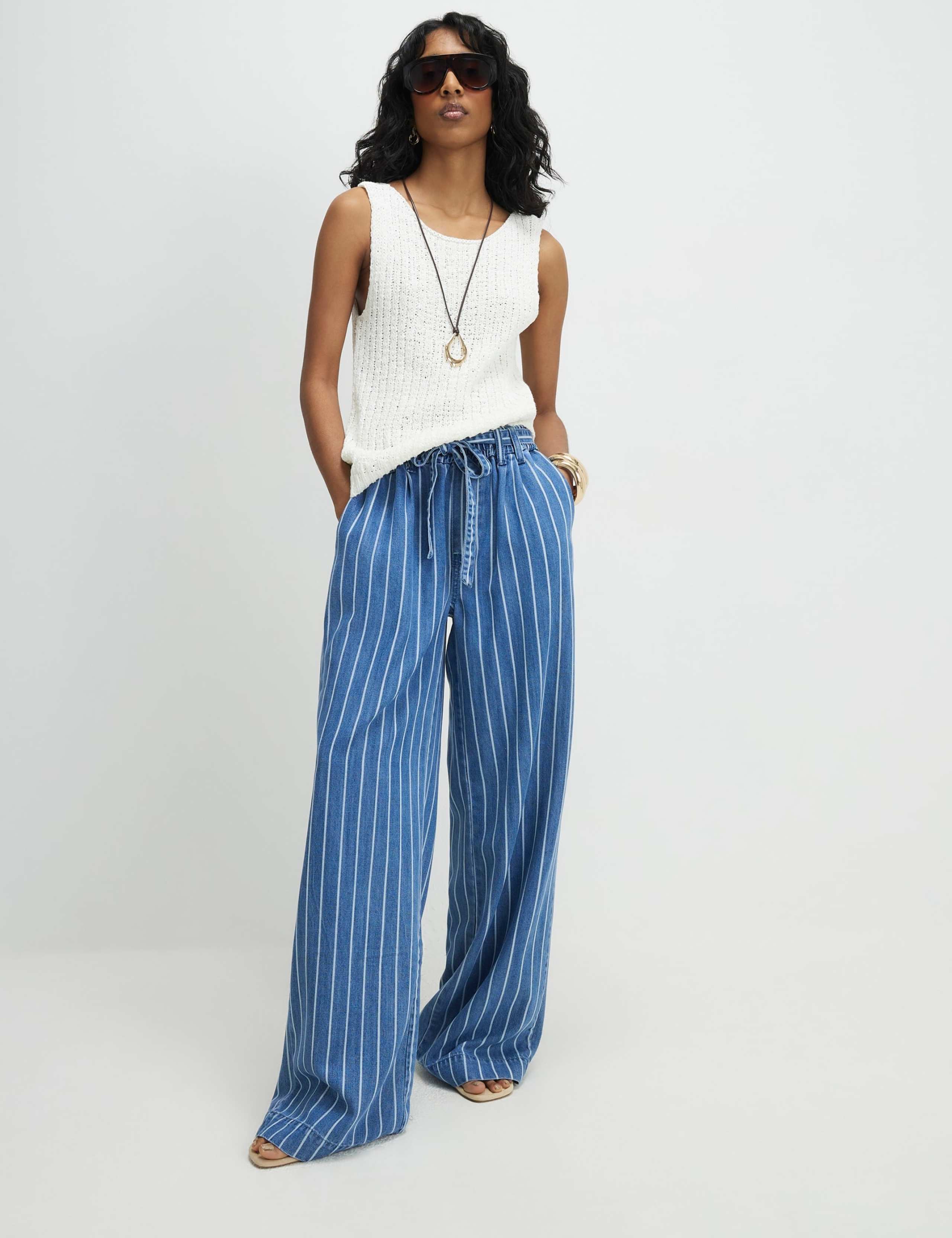 Lyocell Rich Striped Mid Rise Wide Leg Jeans