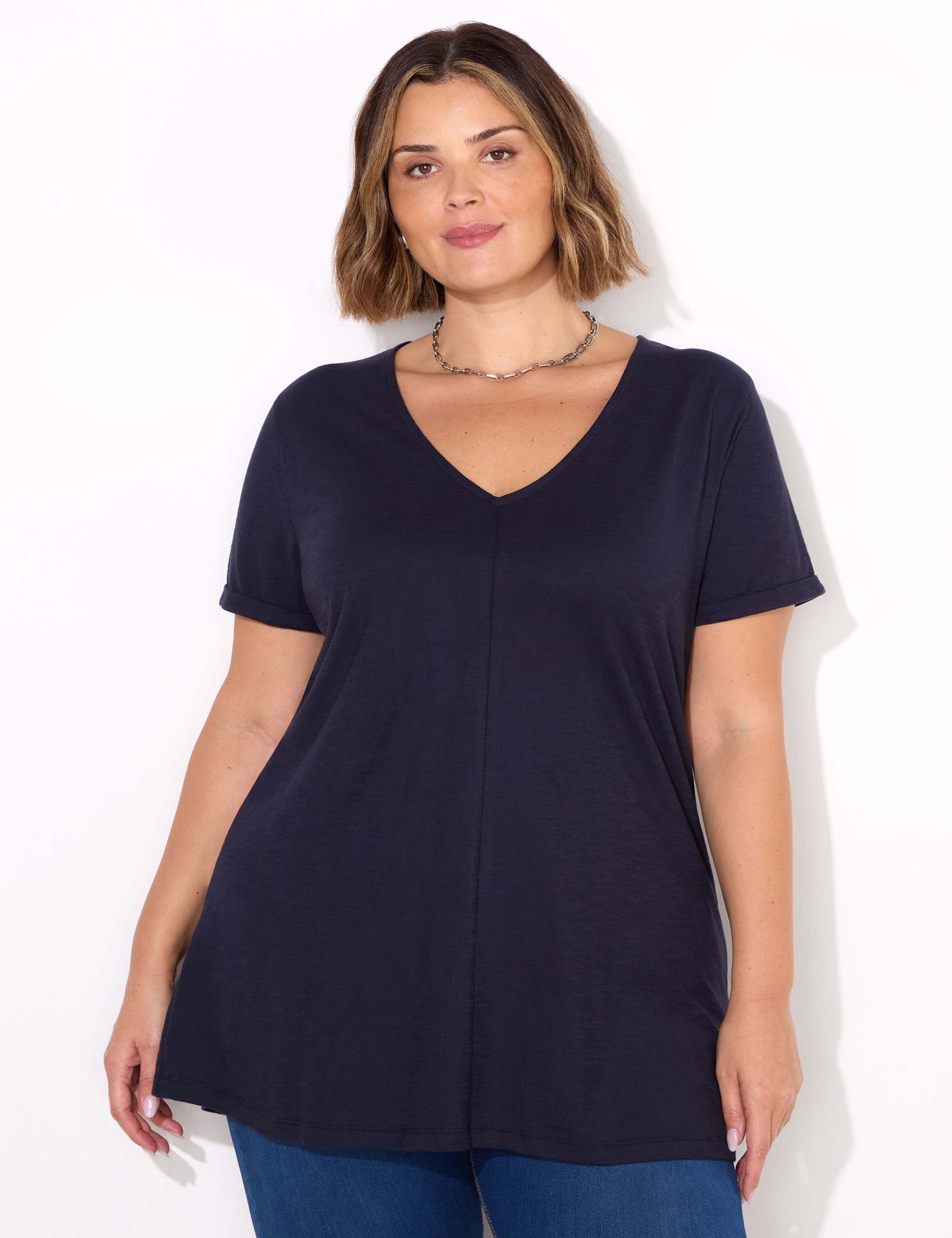 Pure Cotton V-Neck Longline T-Shirt