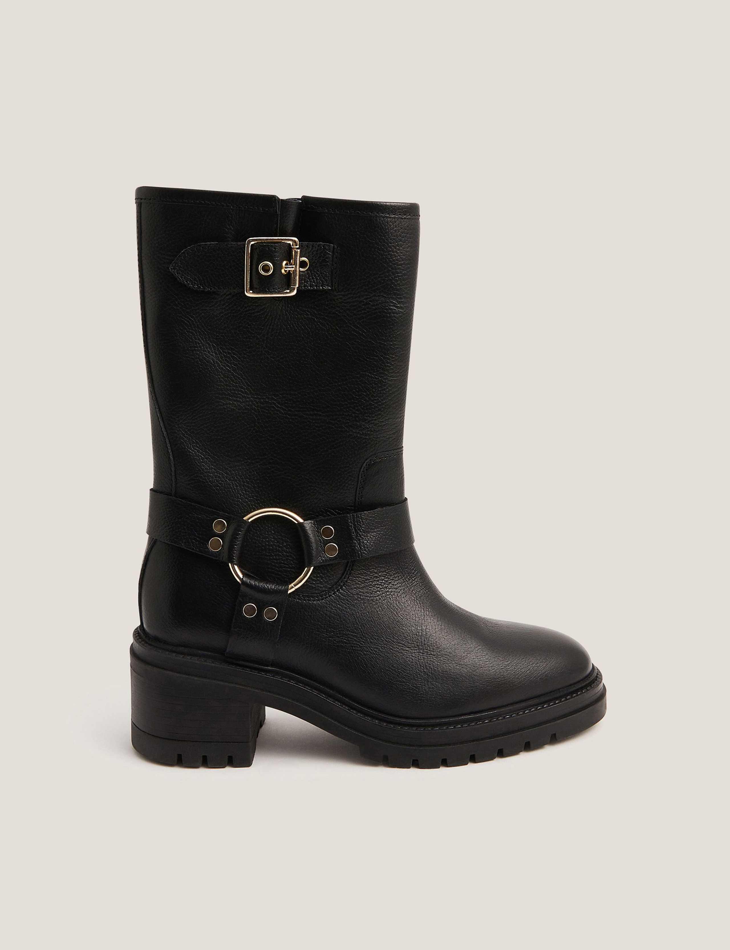 Leather Biker Buckle Block Heel Boots