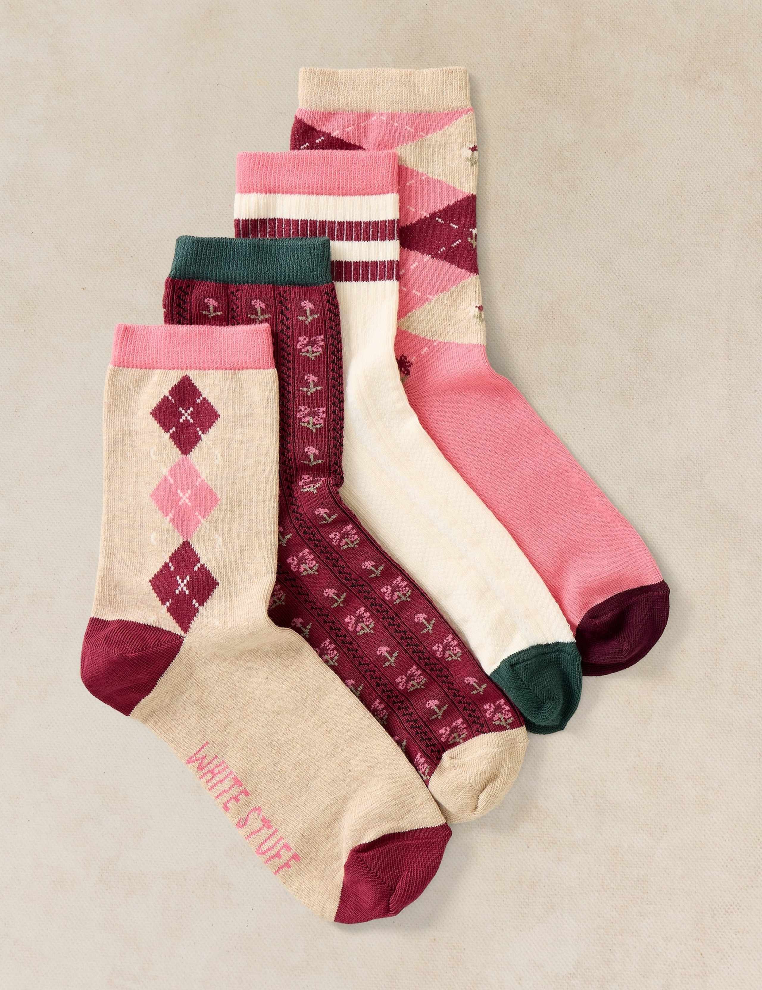 4 Pack Cotton Rich Argyle Ankle High Socks