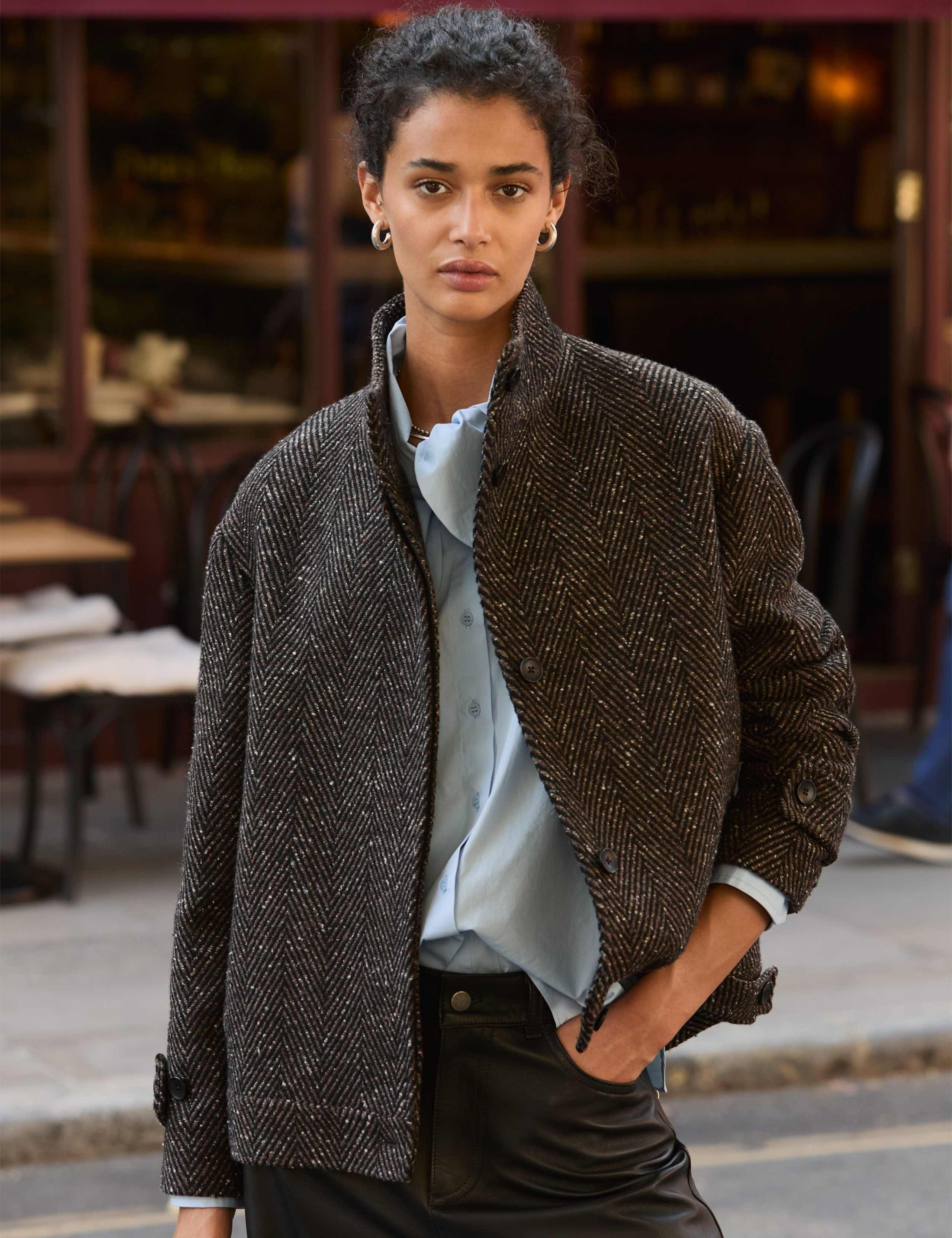 Wool Blend Cropped Overcoat with Silk