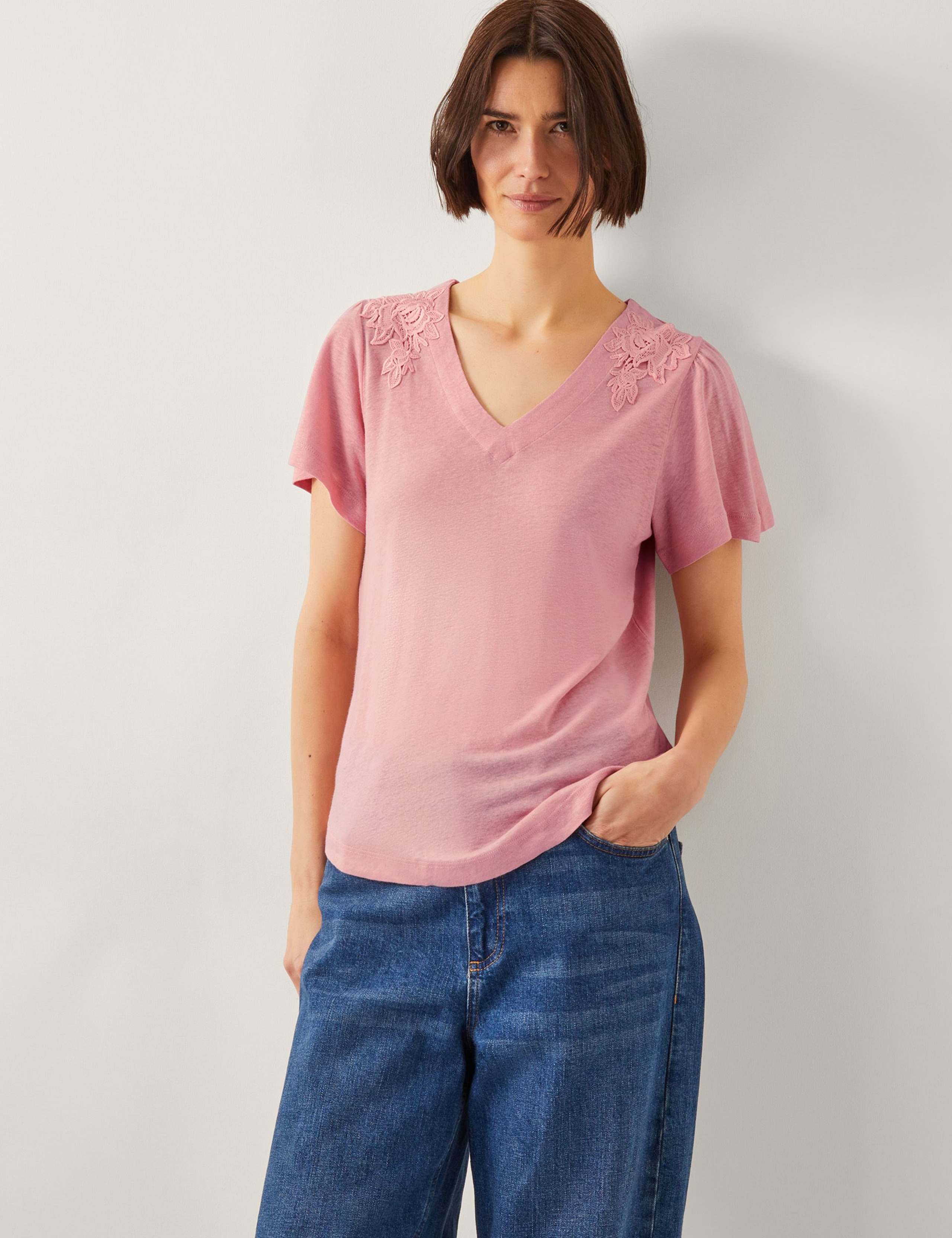 Linen Rich Embroidered V-Neck T-Shirt