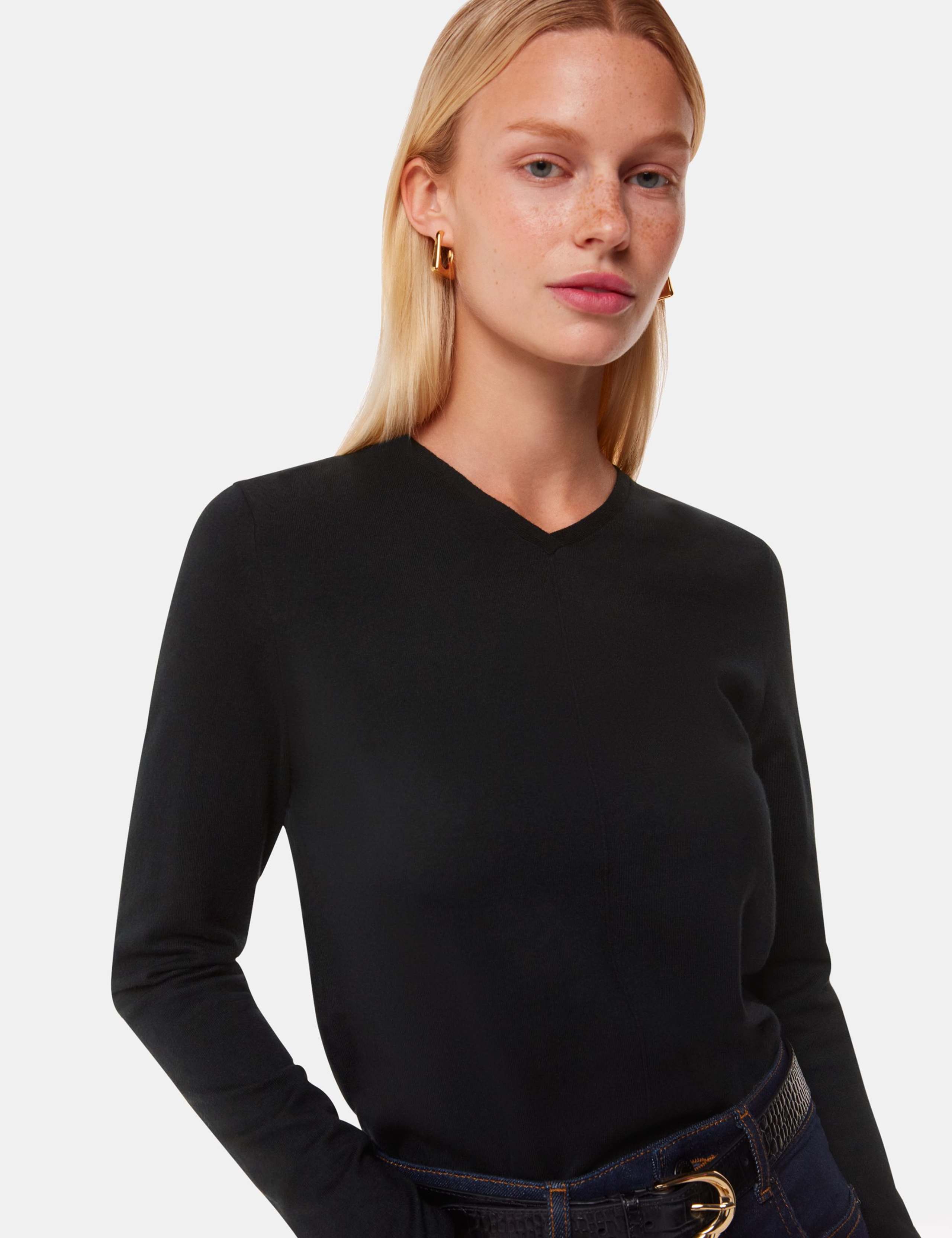 Cotton Blend Ribbed V-Neck Jumper