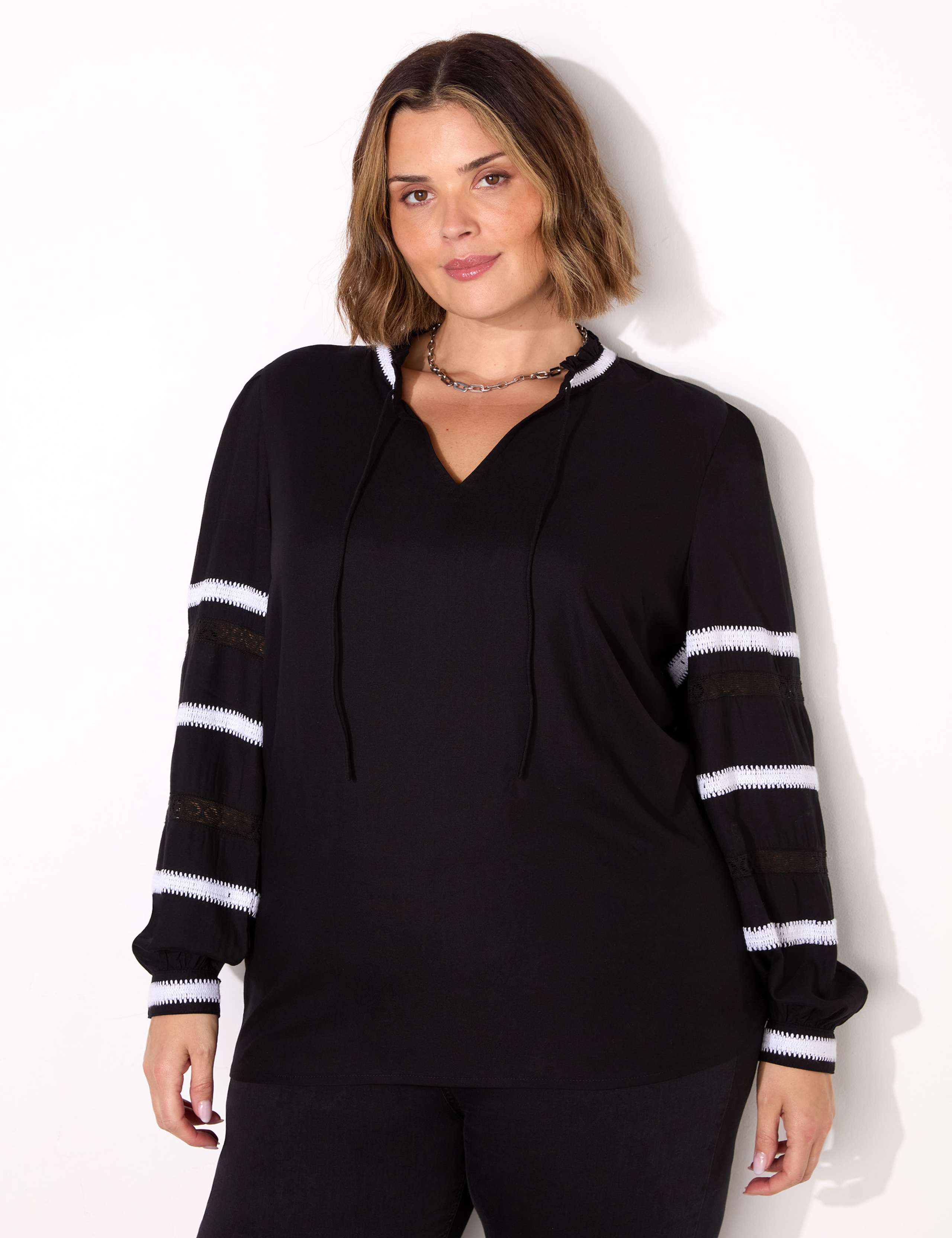 Embroidered V-Neck Lace Insert Top