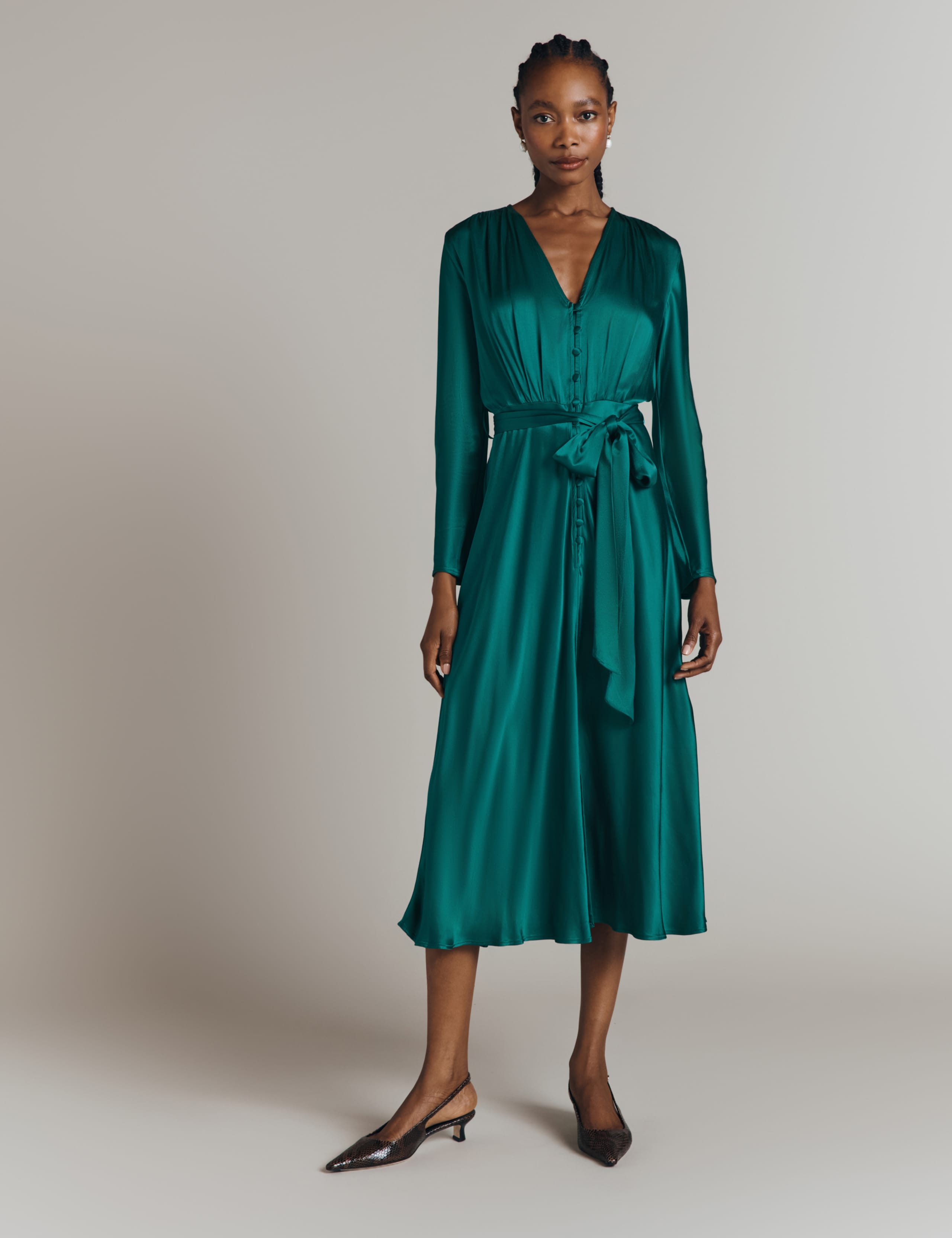 Satin V-Neck Belted Midi Waisted Dress