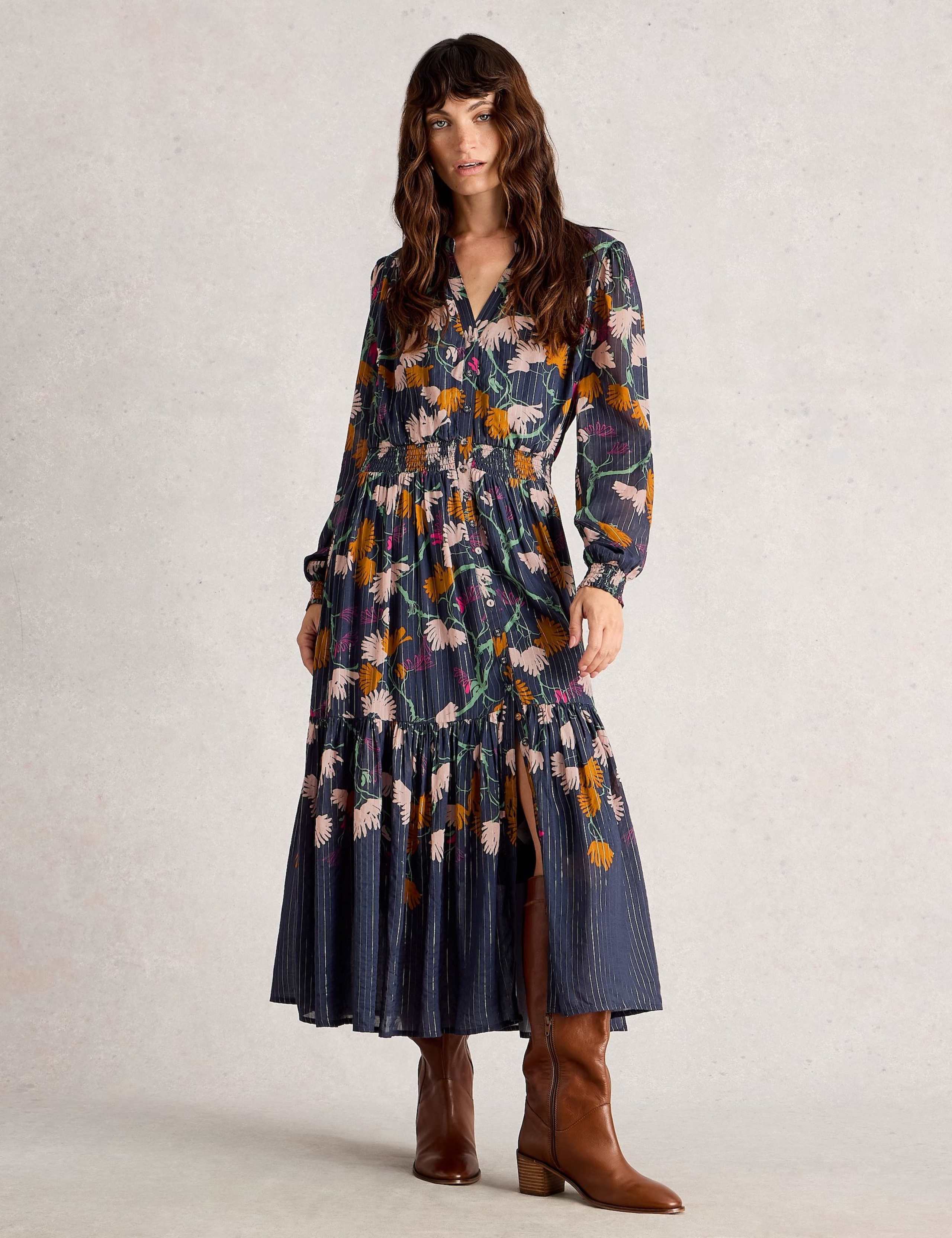 Floral Metallic Midi Tiered Dress