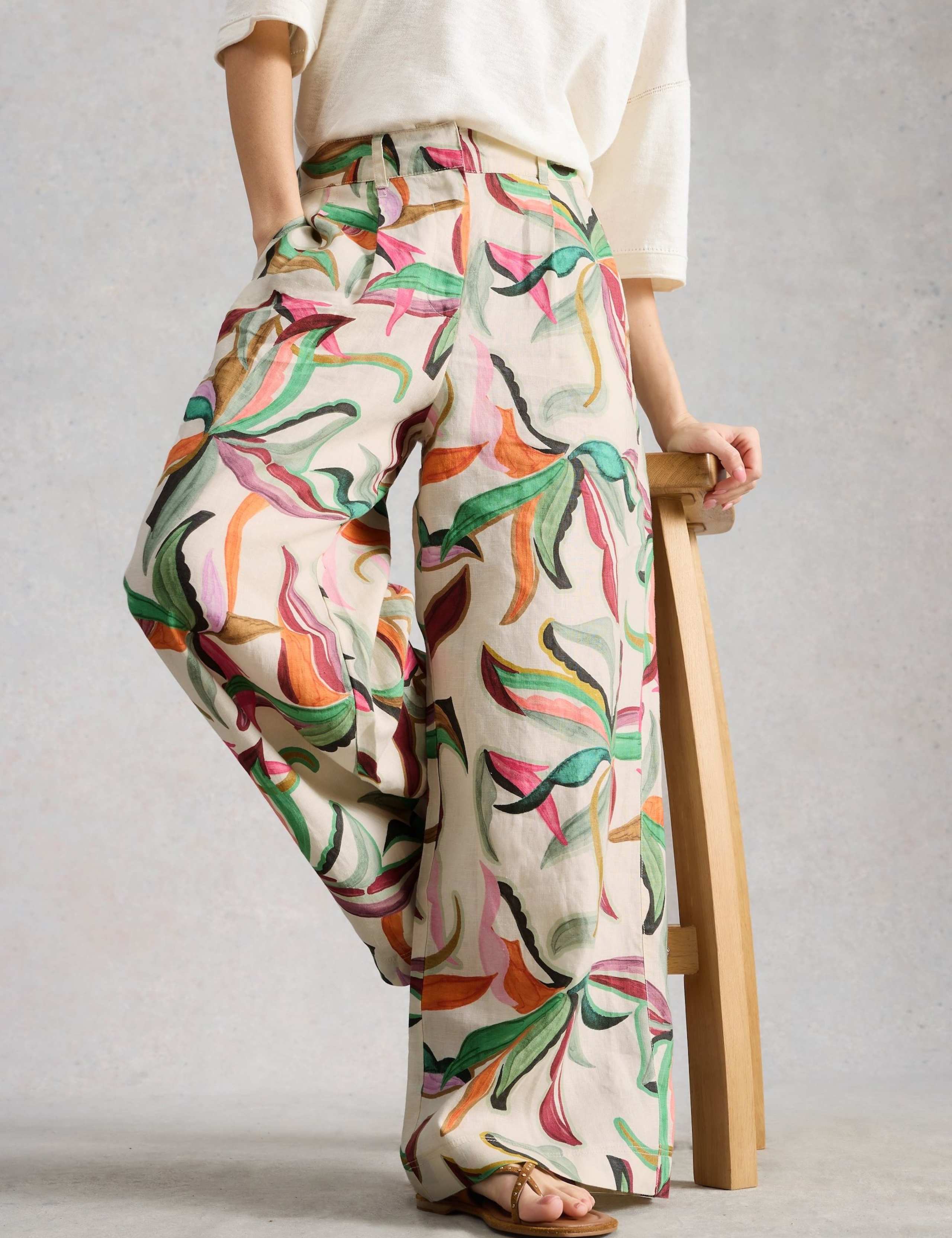Pure Linen Printed Wide Leg Trousers