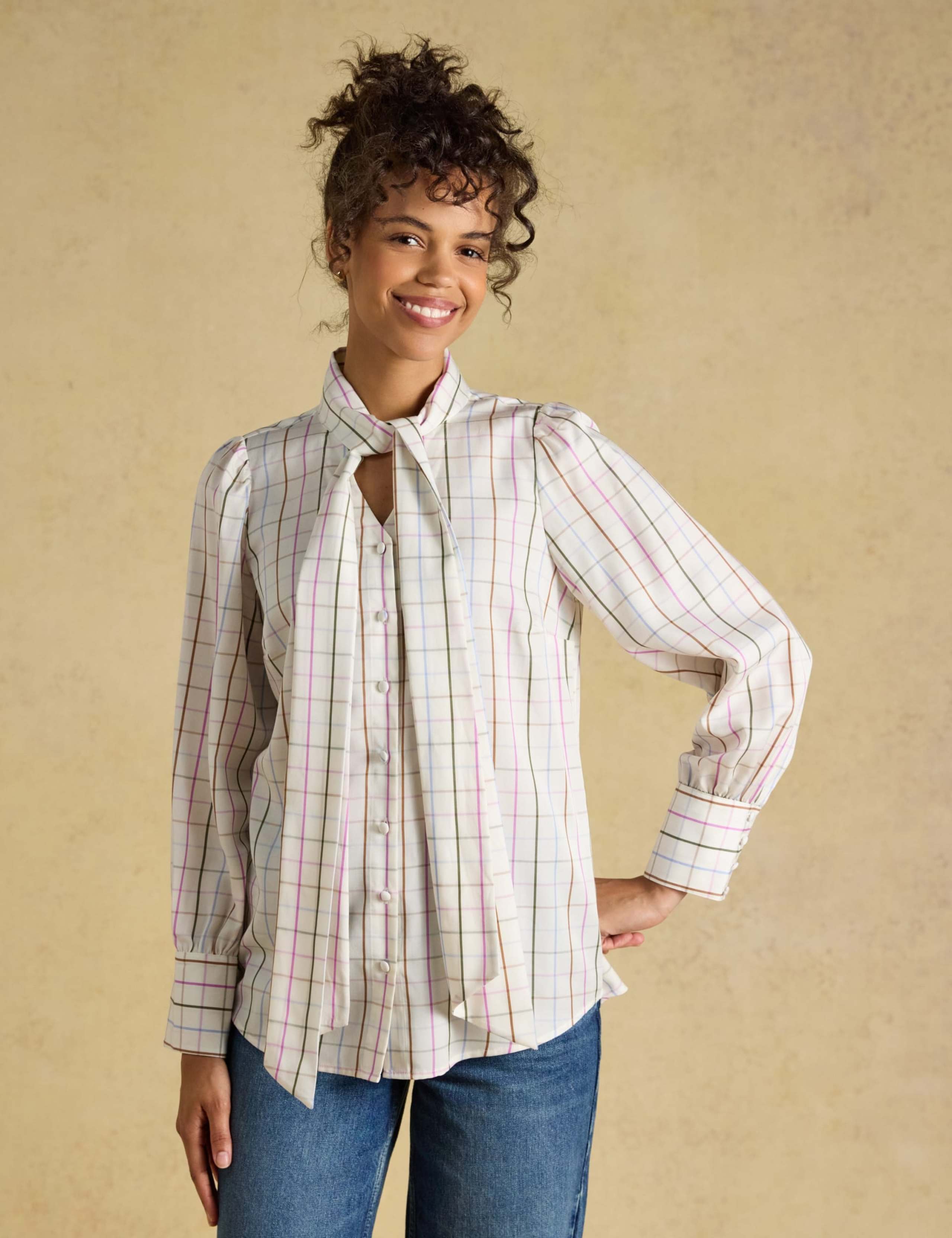 Lyocell Checked Tie Neck Blouse