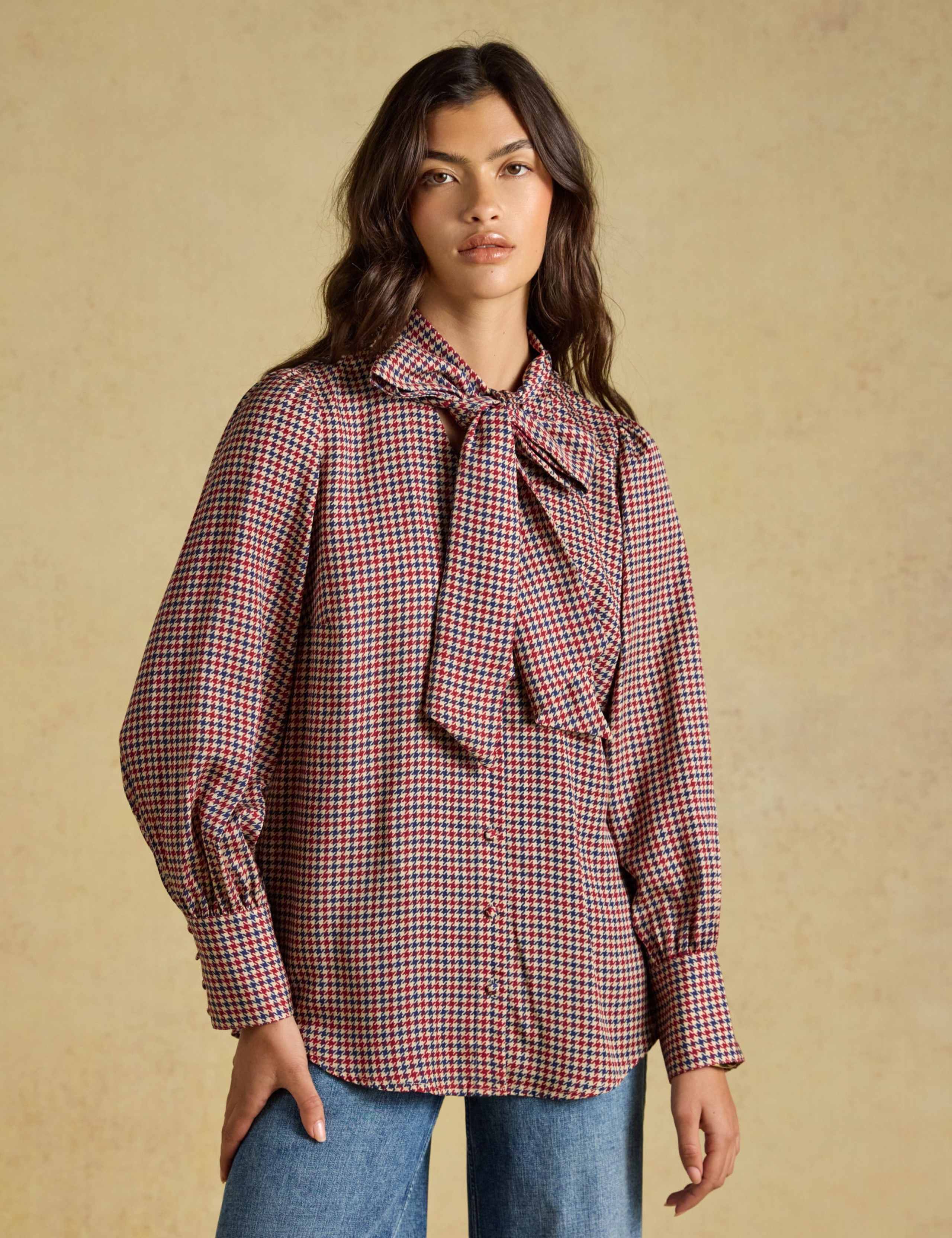 Lyocell Checked Tie Neck Blouse