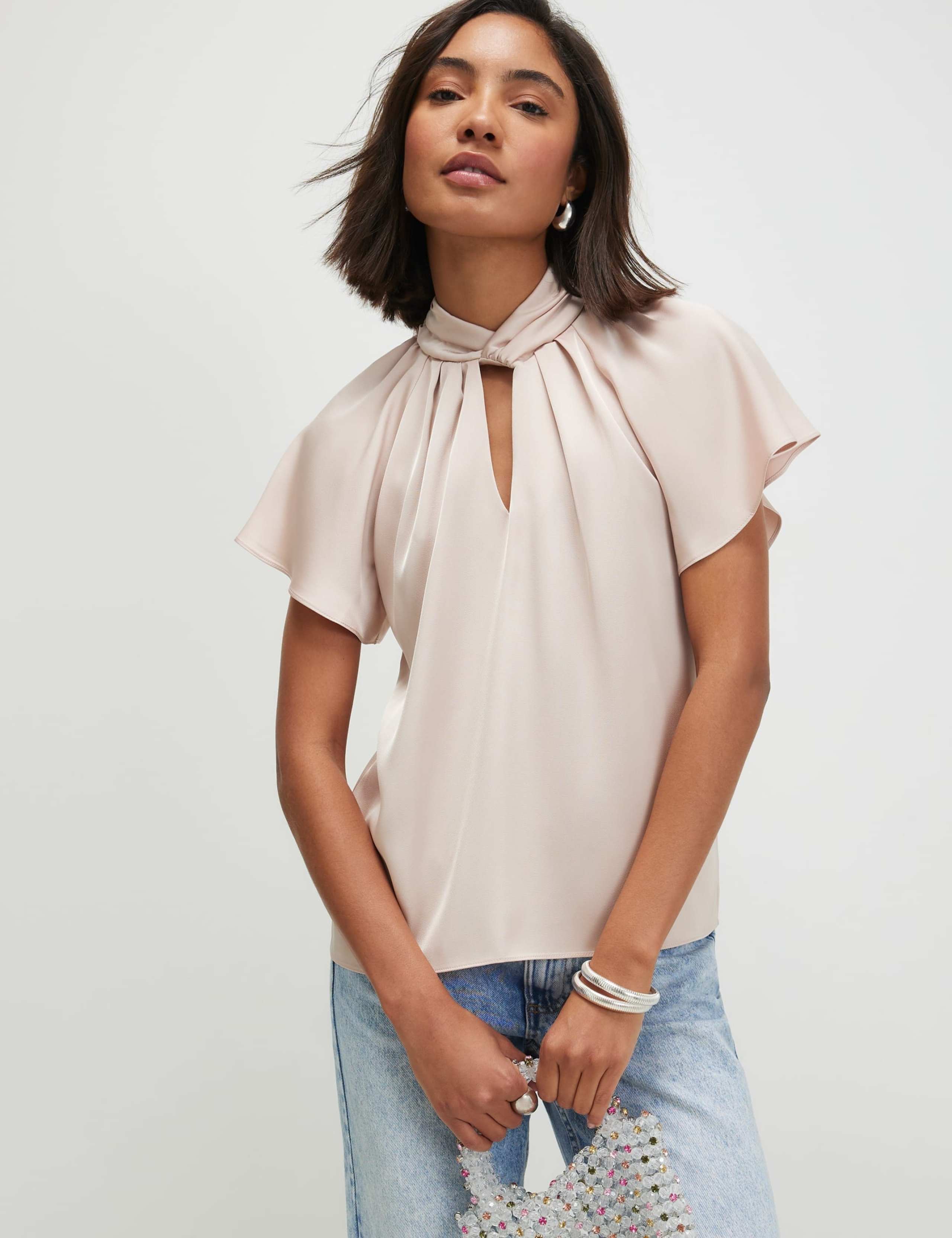 Satin Angel Sleeve Twist Front Top