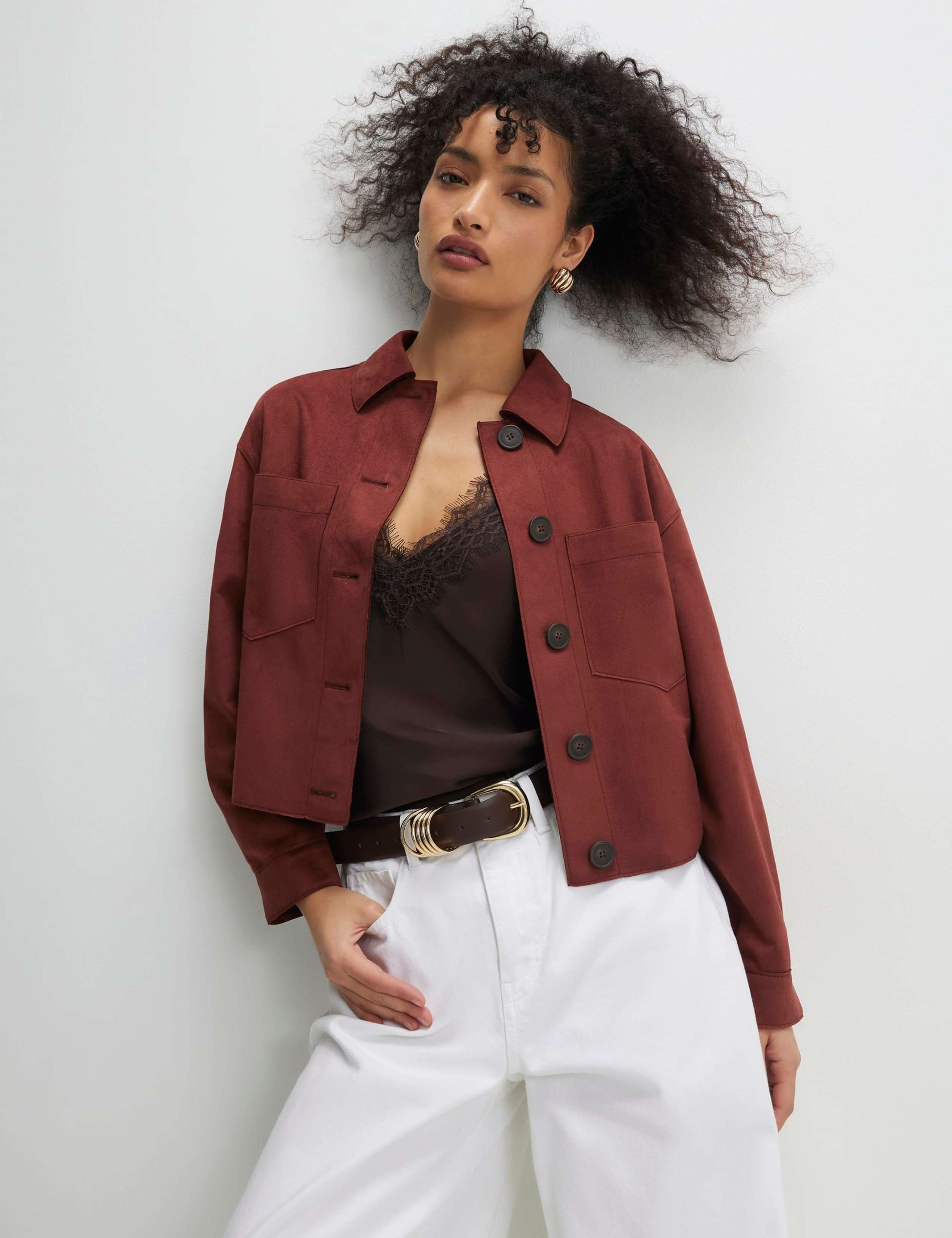 Faux Suede Collared Cropped Overshirt