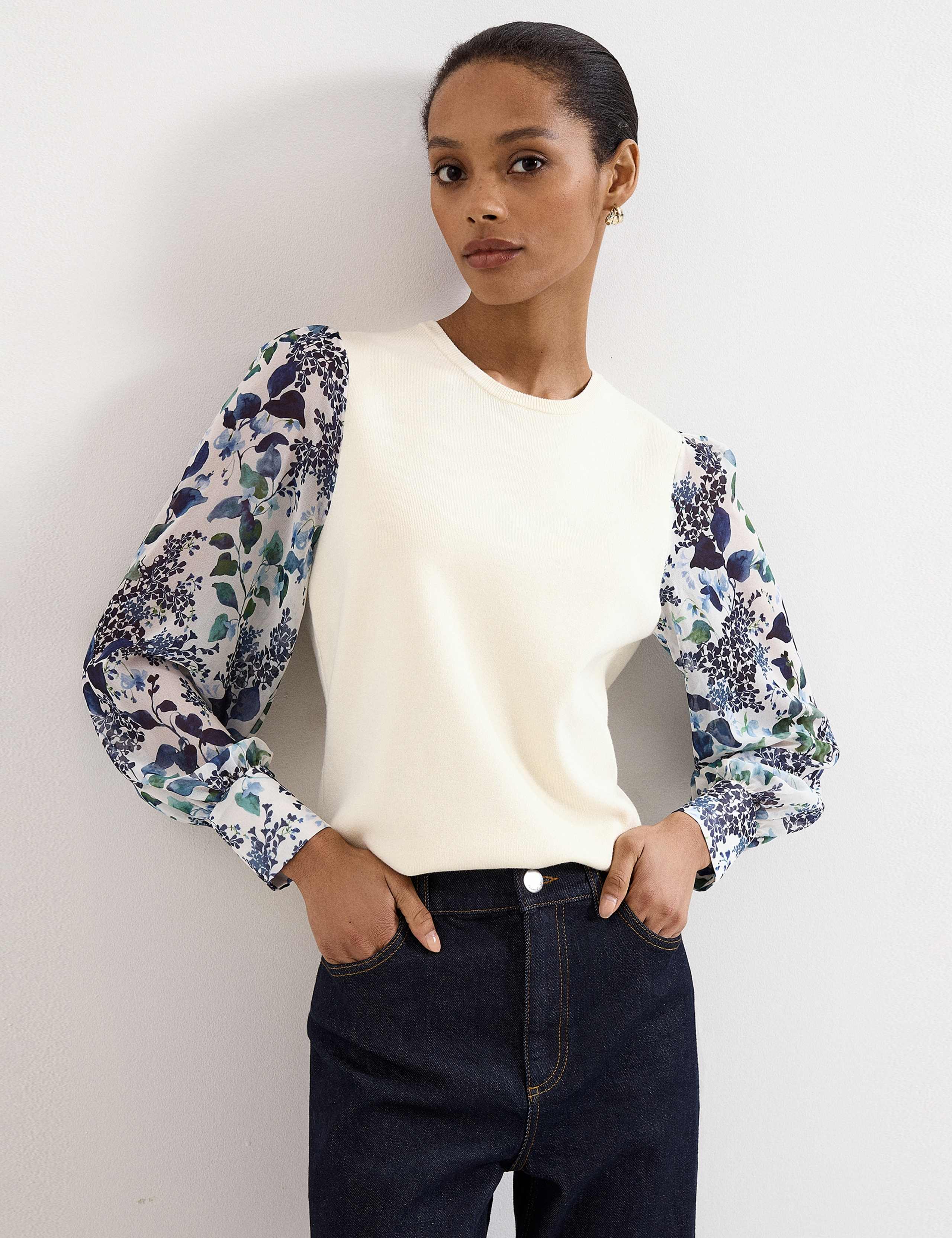 Cotton Blend Floral Puff Sleeve Top