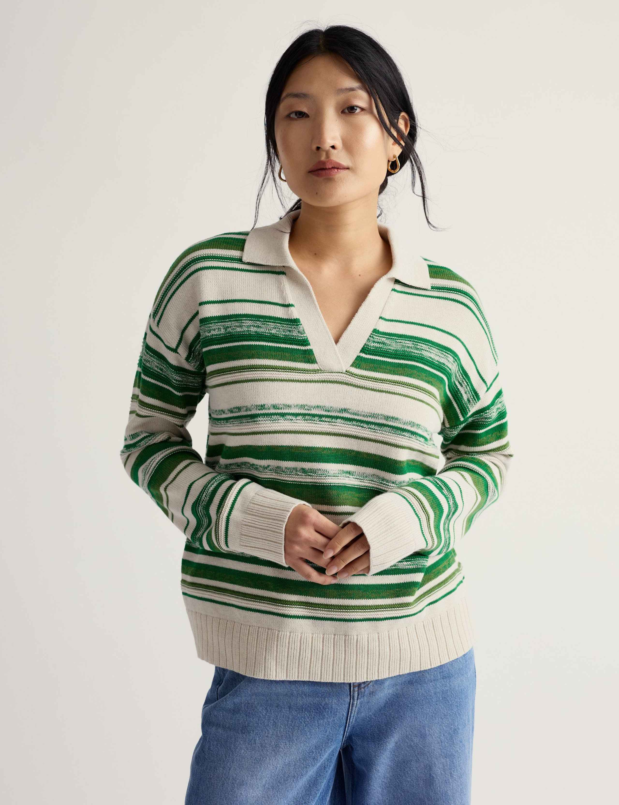 Pure Cotton Striped Collared Relaxed Jumper