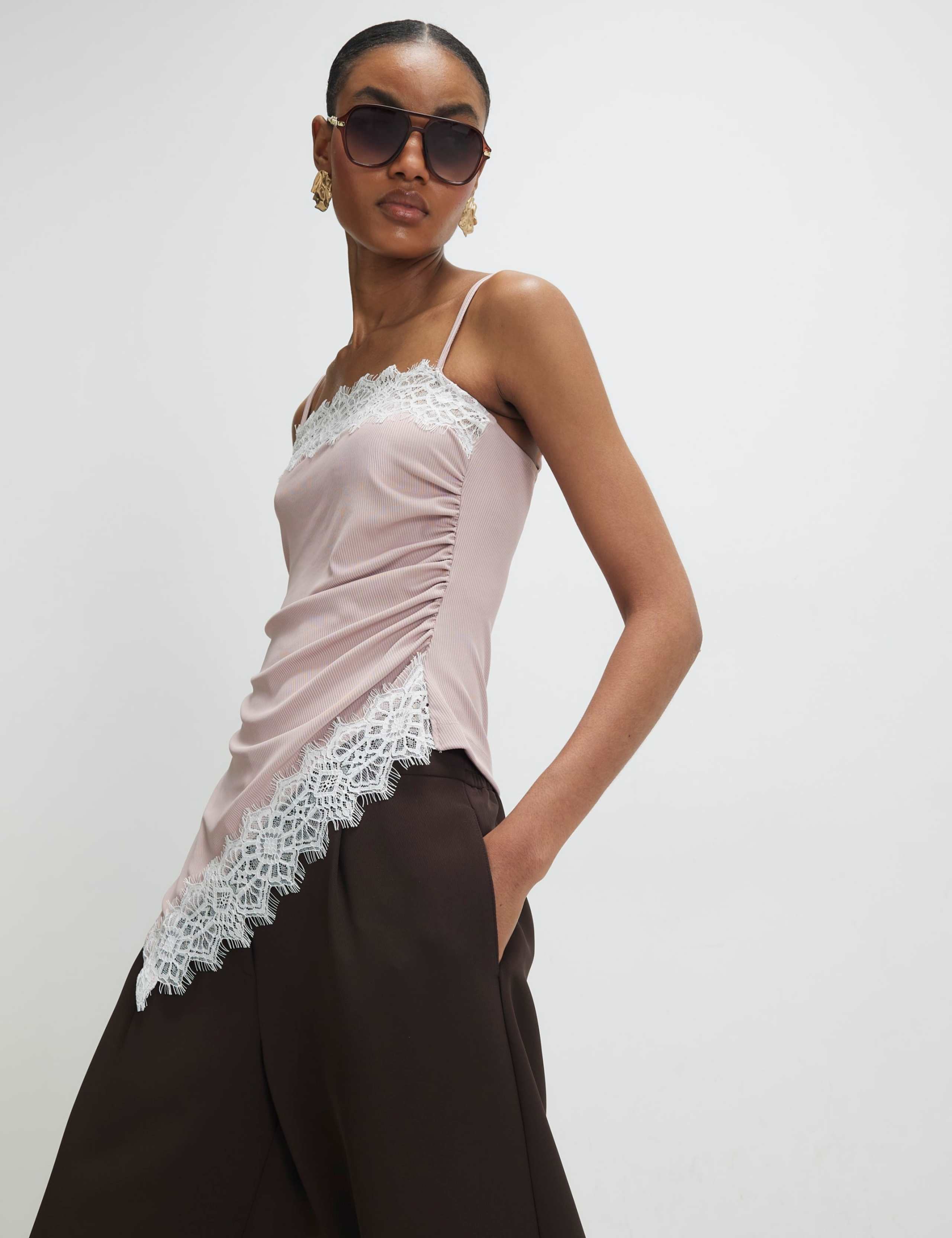 Square Neck Lace Detail Fitted Cami Top
