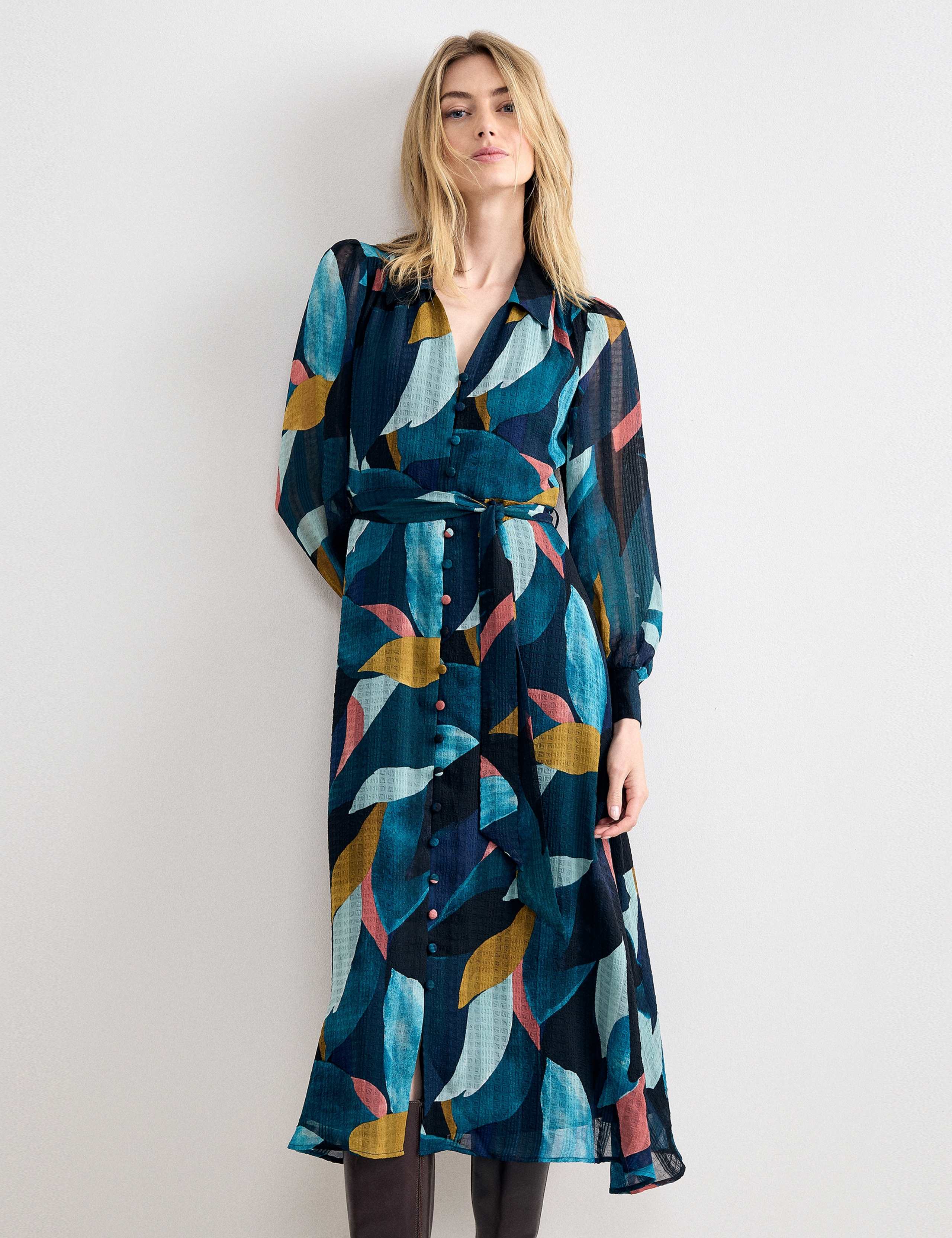 Petal Print Belted Midi Shirt Dress