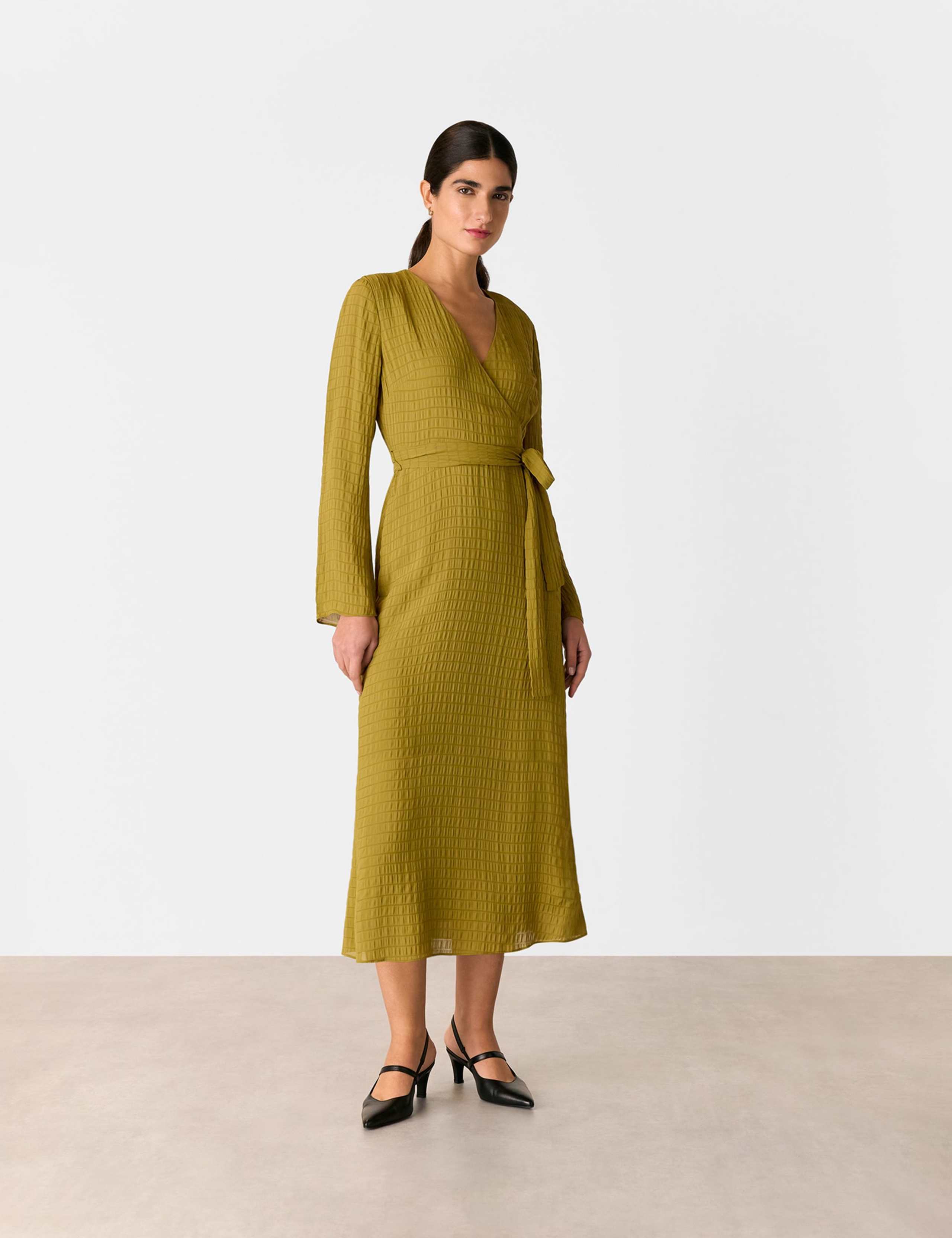 Textured V-Neck Tie Waist Midi Wrap Dress