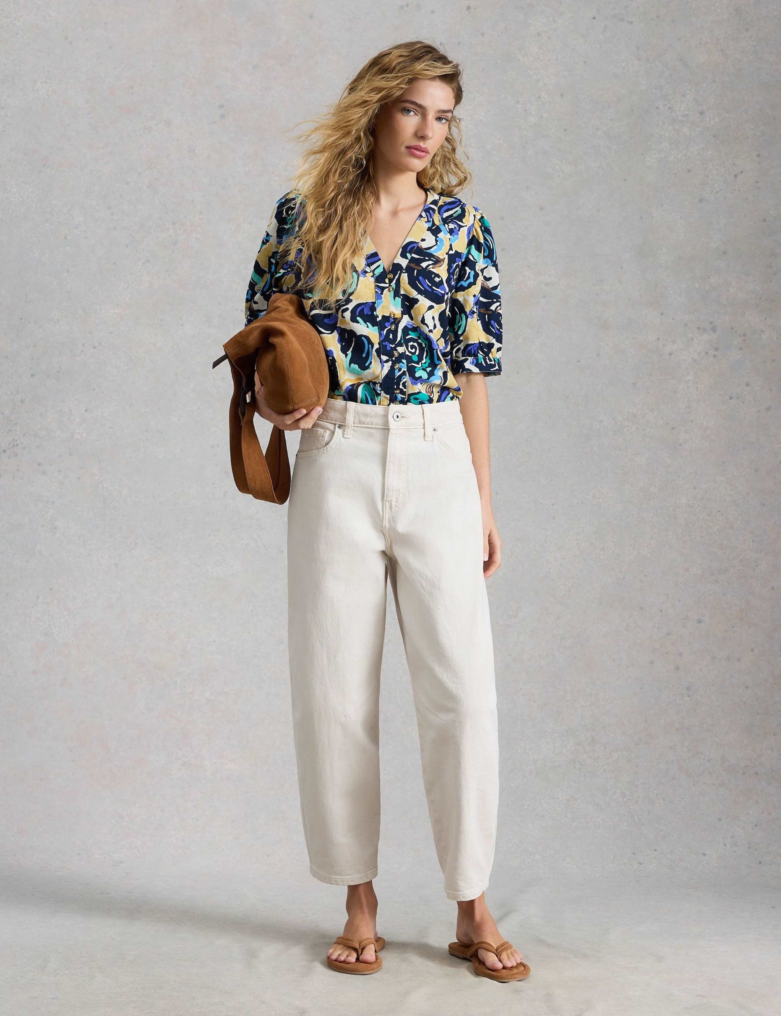 Pure Linen Printed V-Neck Top