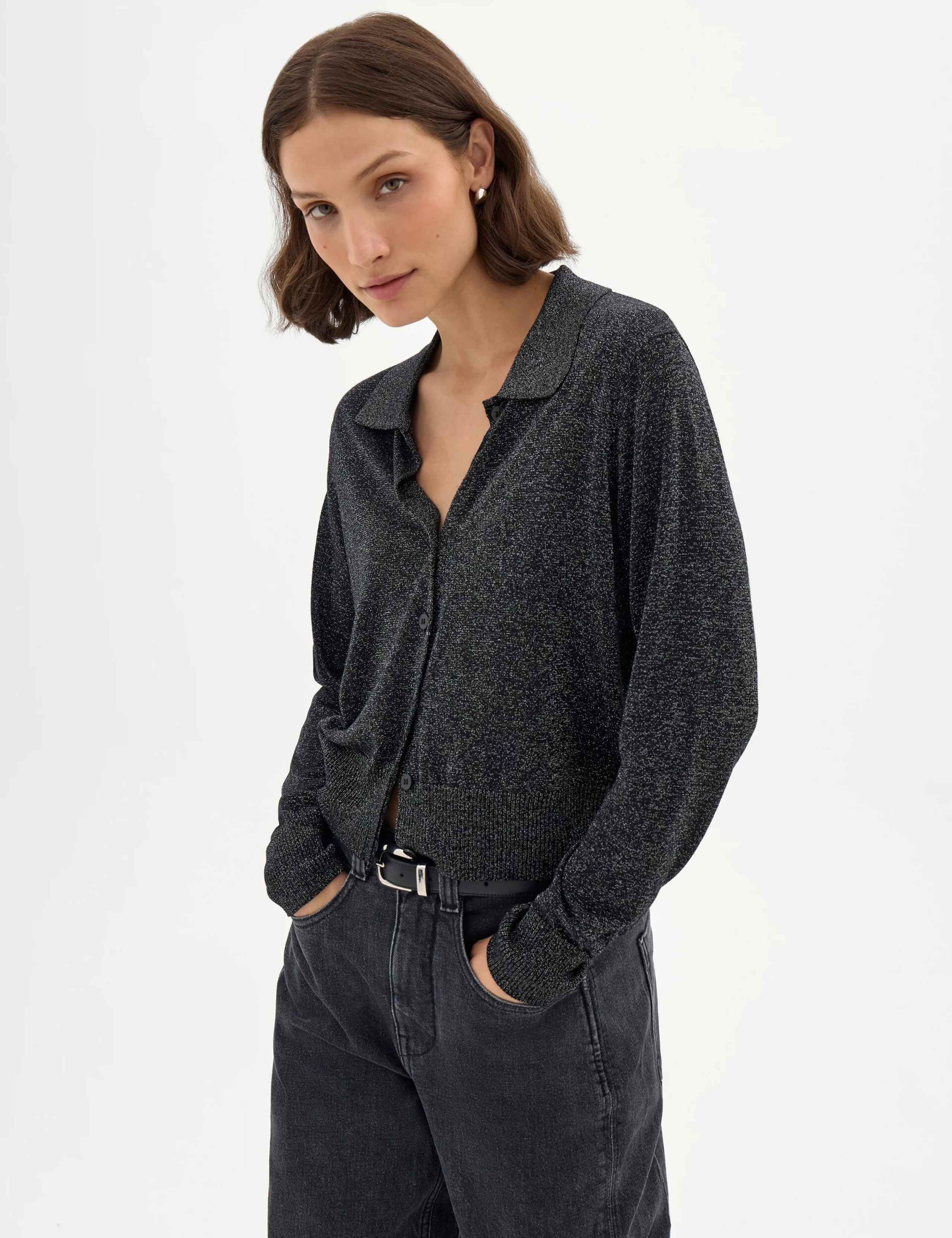 Metallic Knitted Collared Cardigan