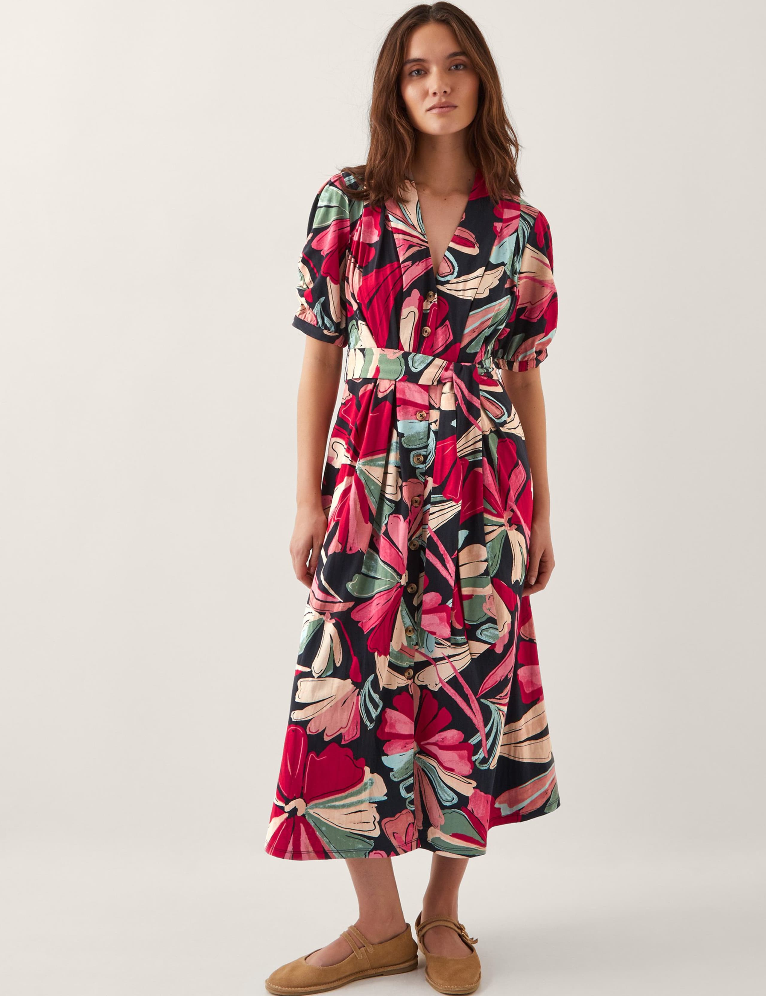 Pure Cotton Printed V-Neck Midi Shirt Dress