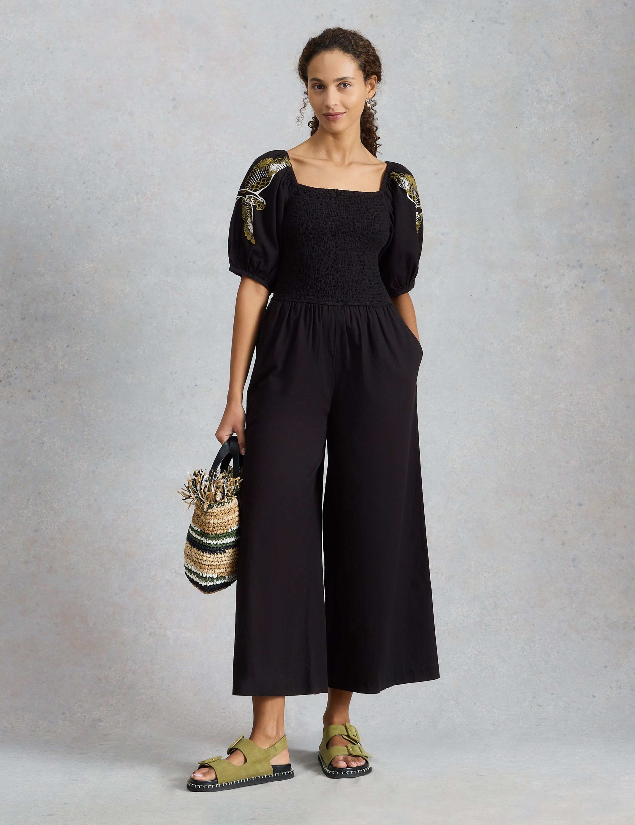 Embroidered Shirred Jumpsuit