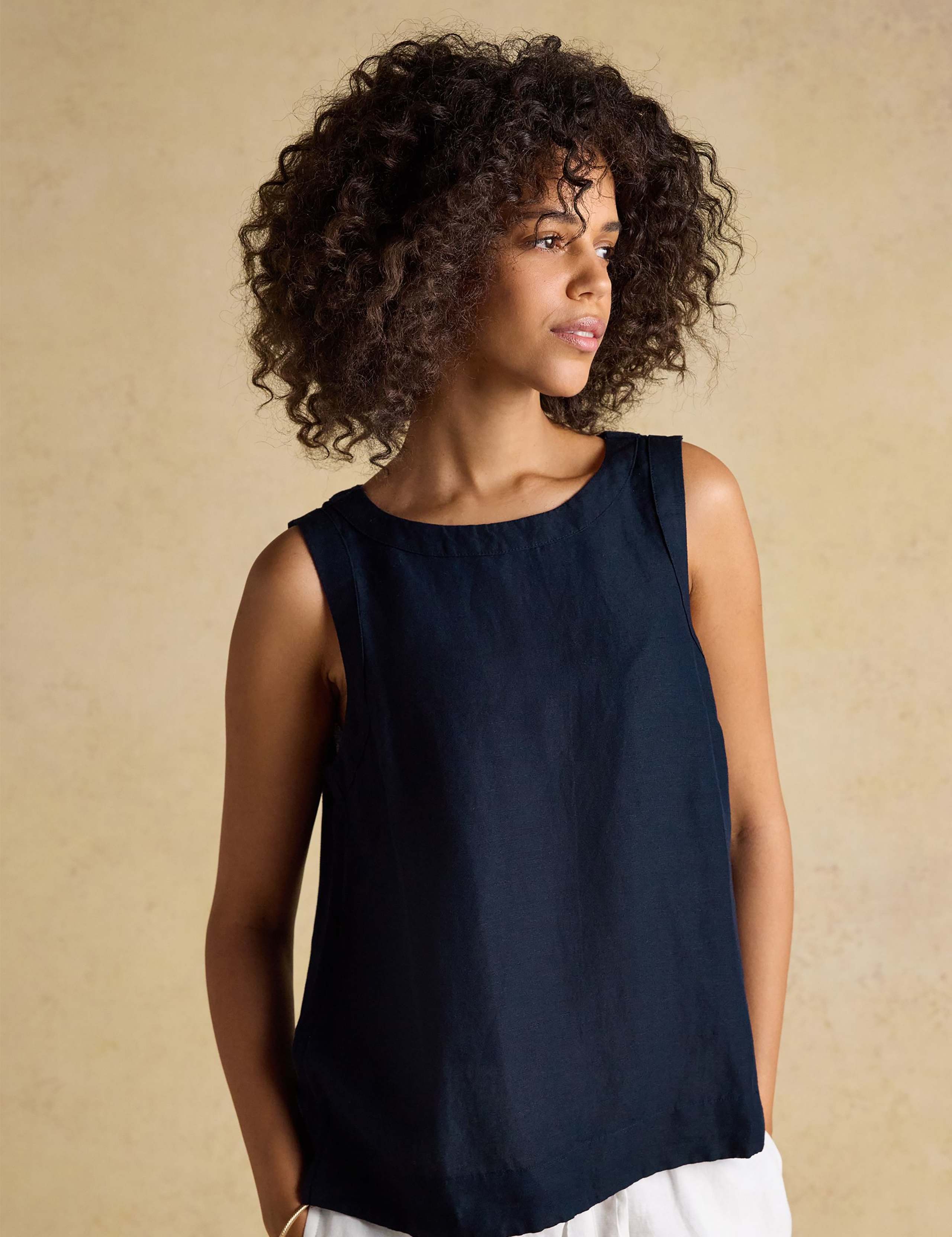 Linen Blend Round Neck Blouse