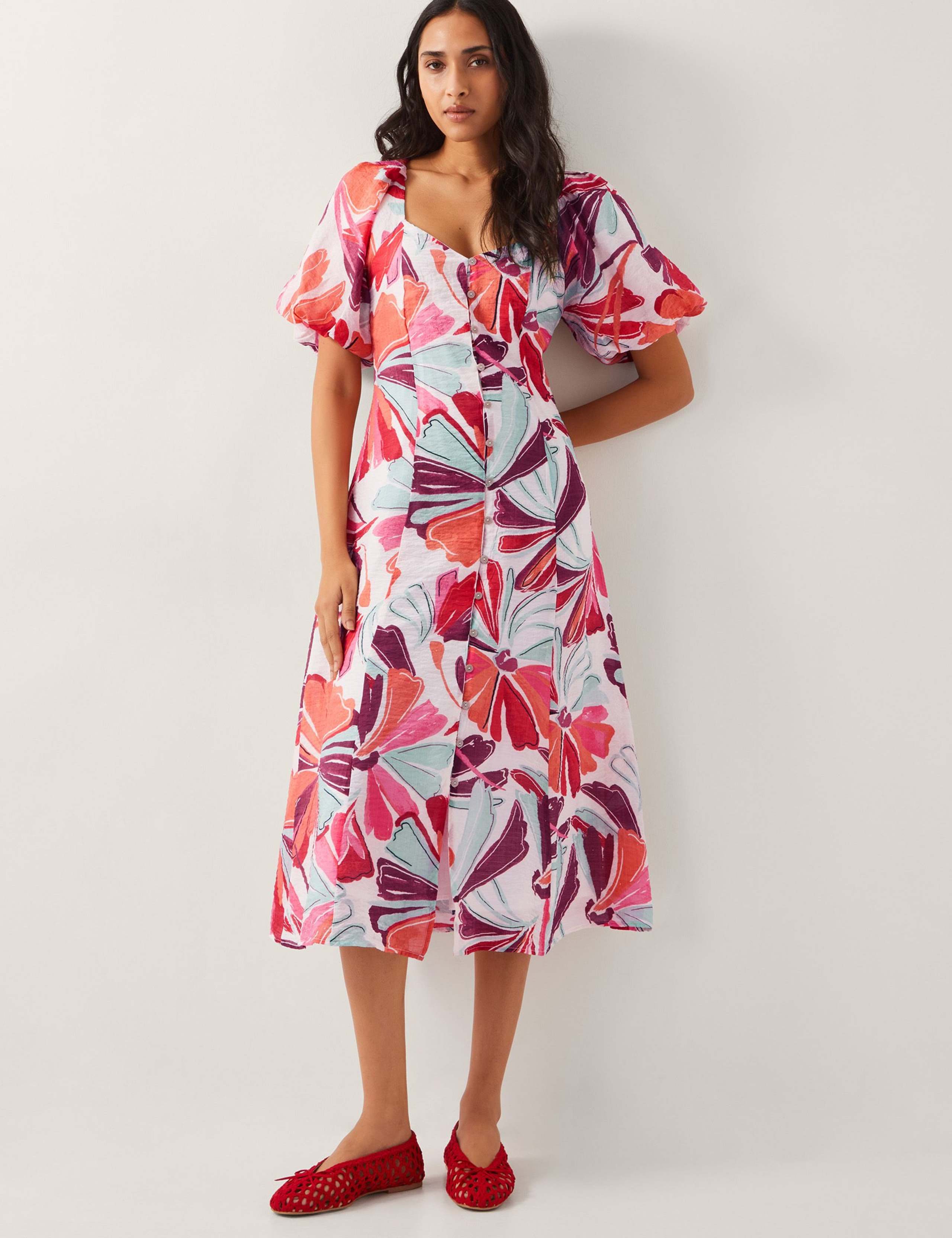 Floral Puff Sleeve Midi Skater Dress