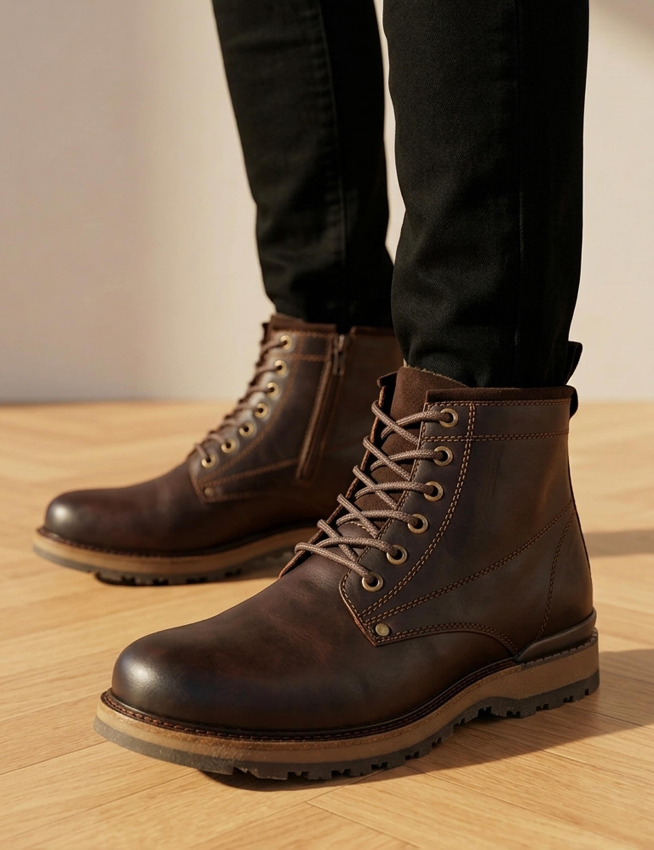 Leather Lace Up Side Zip Casual Boots