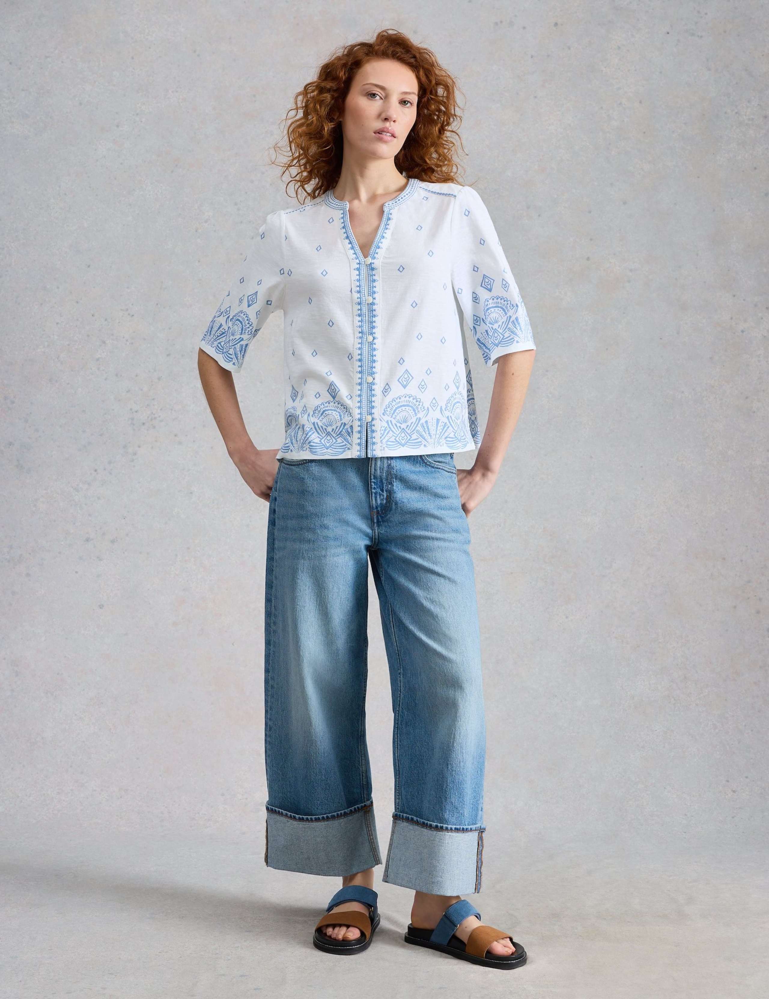 Pure Cotton Embroidered Notch Neck Top