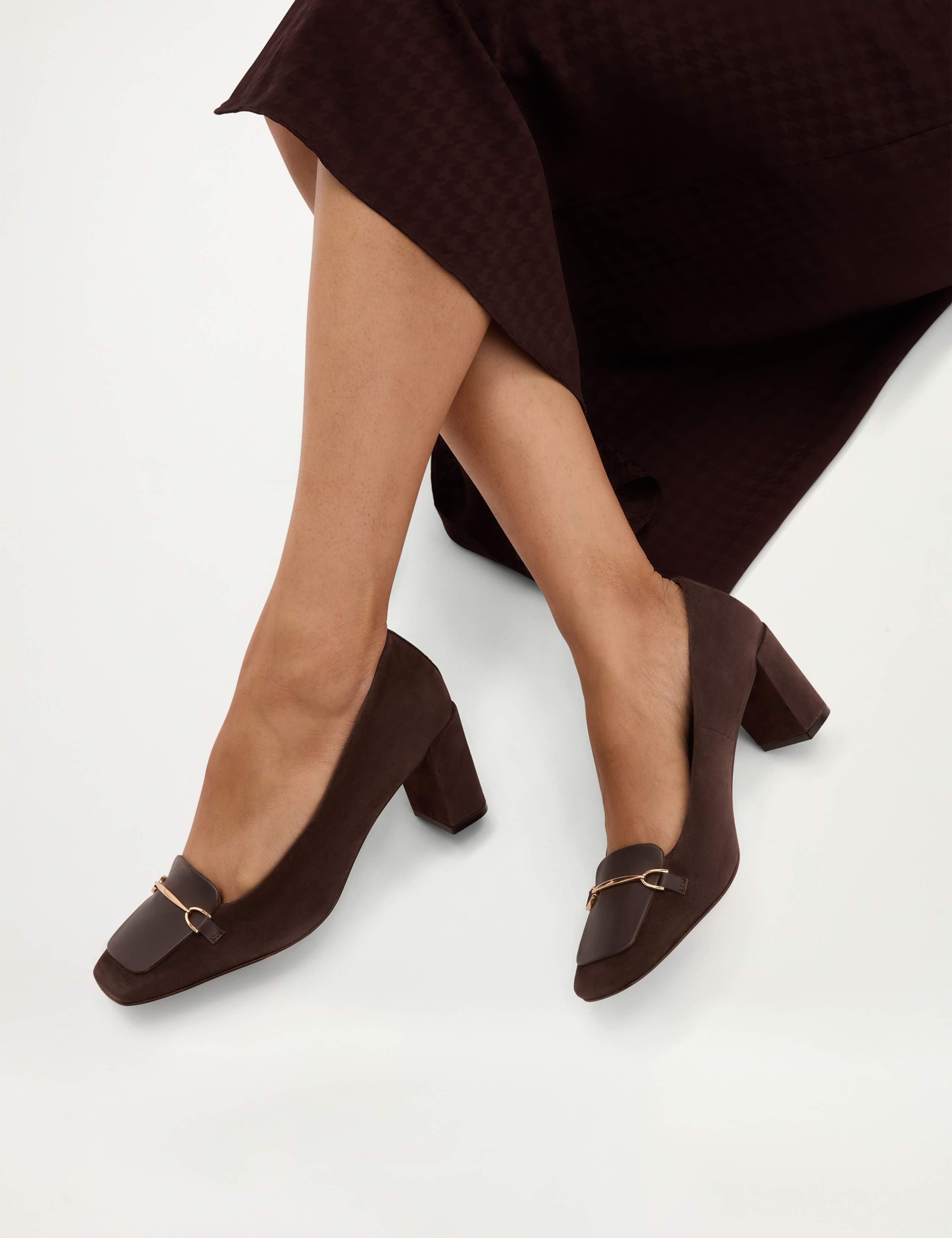 Suede Horsebit Detail Block Heel Court Shoes