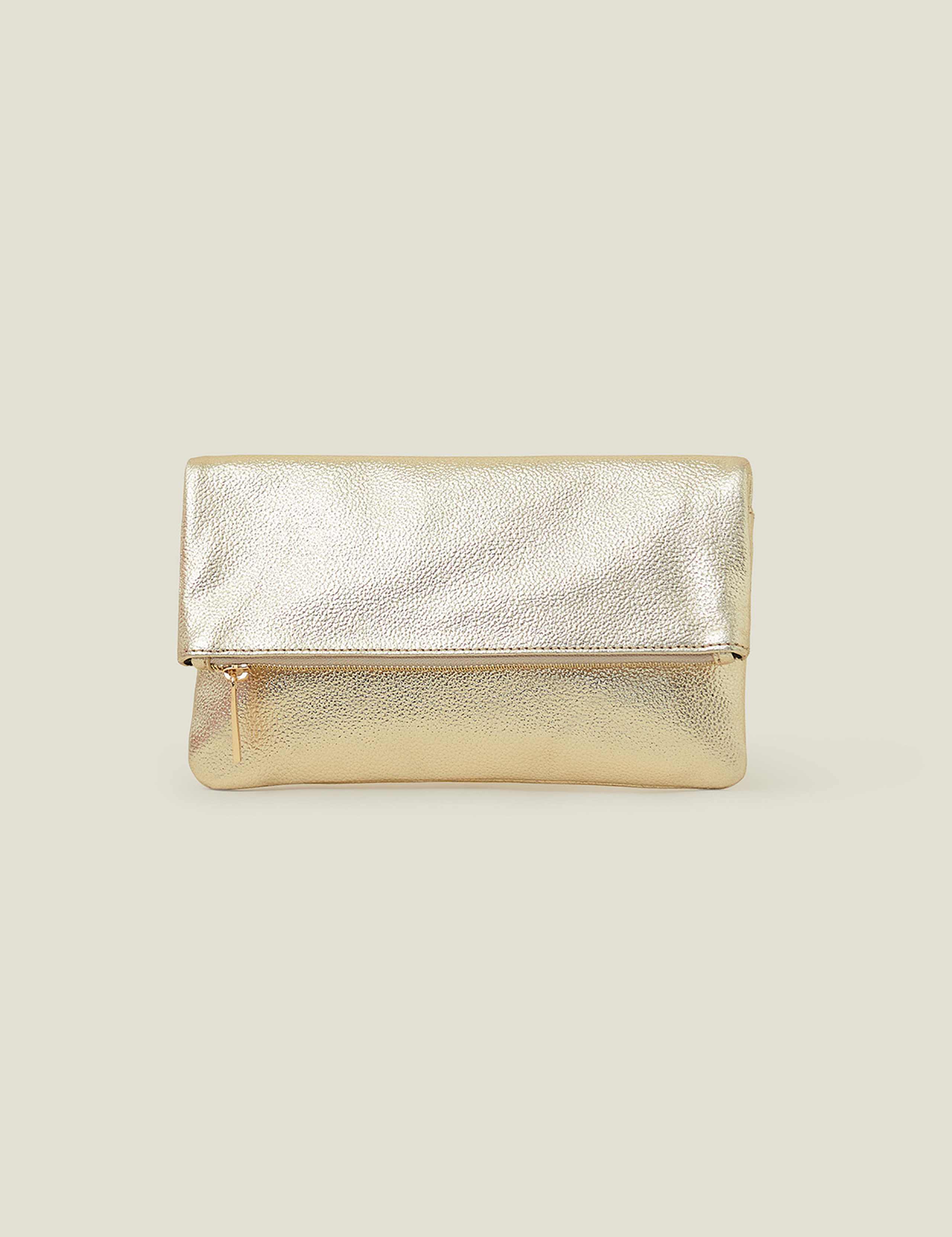 Leather Metallic Fold Over Clutch Bag