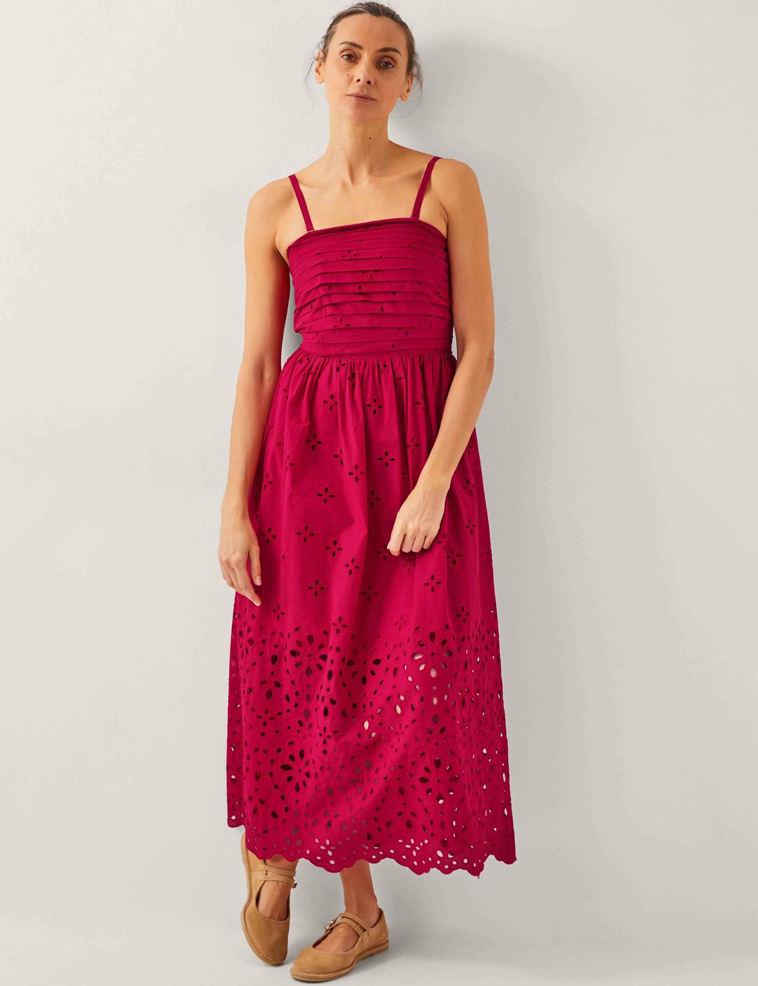 Pure Cotton Broderie Midi Waisted Dress