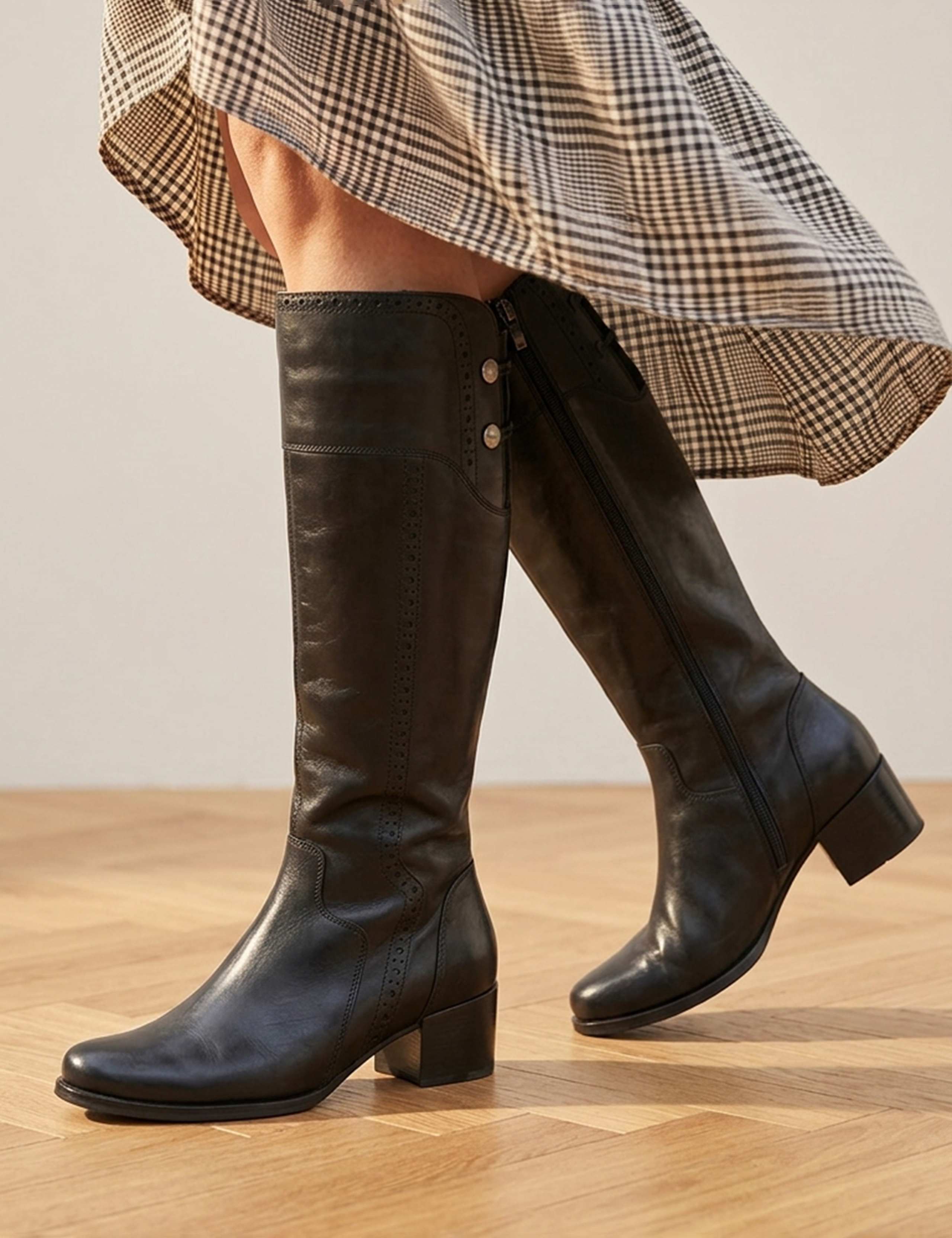 Leather Block Heel Knee High Boots