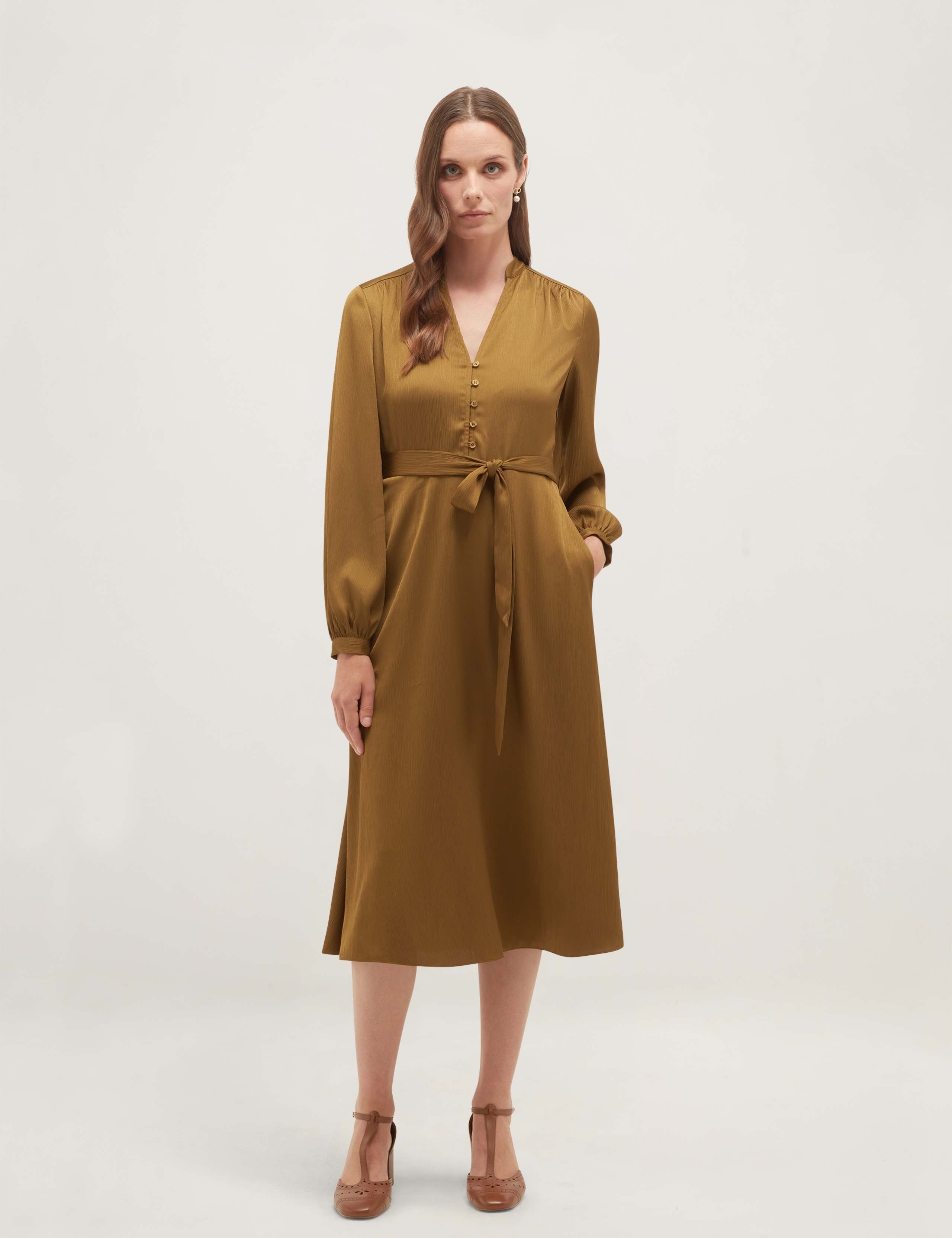 V-Neck Tie Waist Knee Length Skater Dress