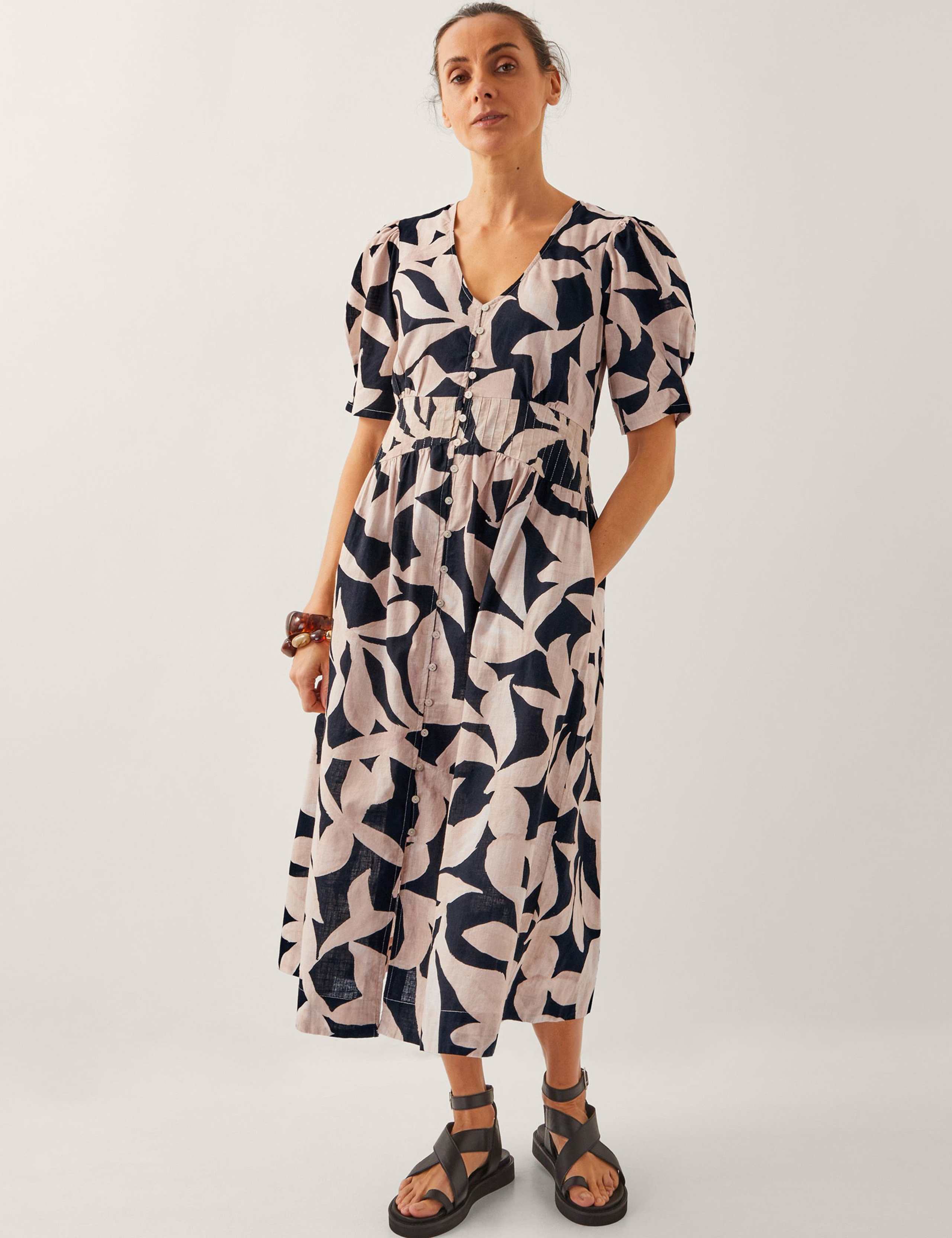 Pure Cotton Printed V-Neck Midi Waisted Dress