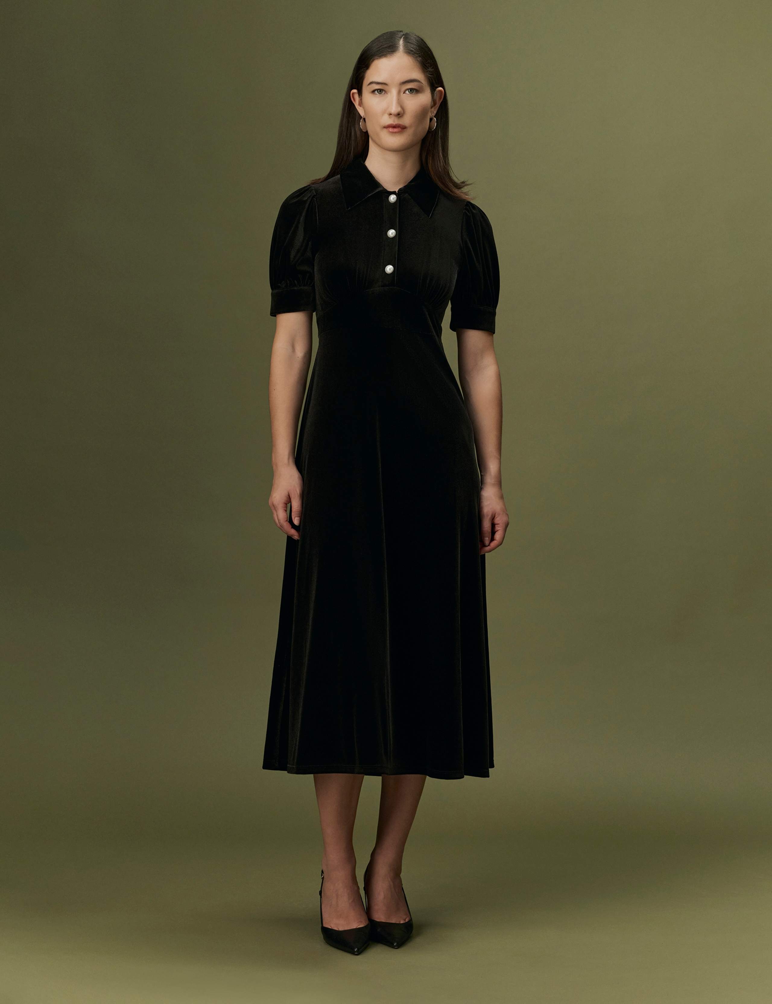 Velvet Button Front Midi Tea Dress