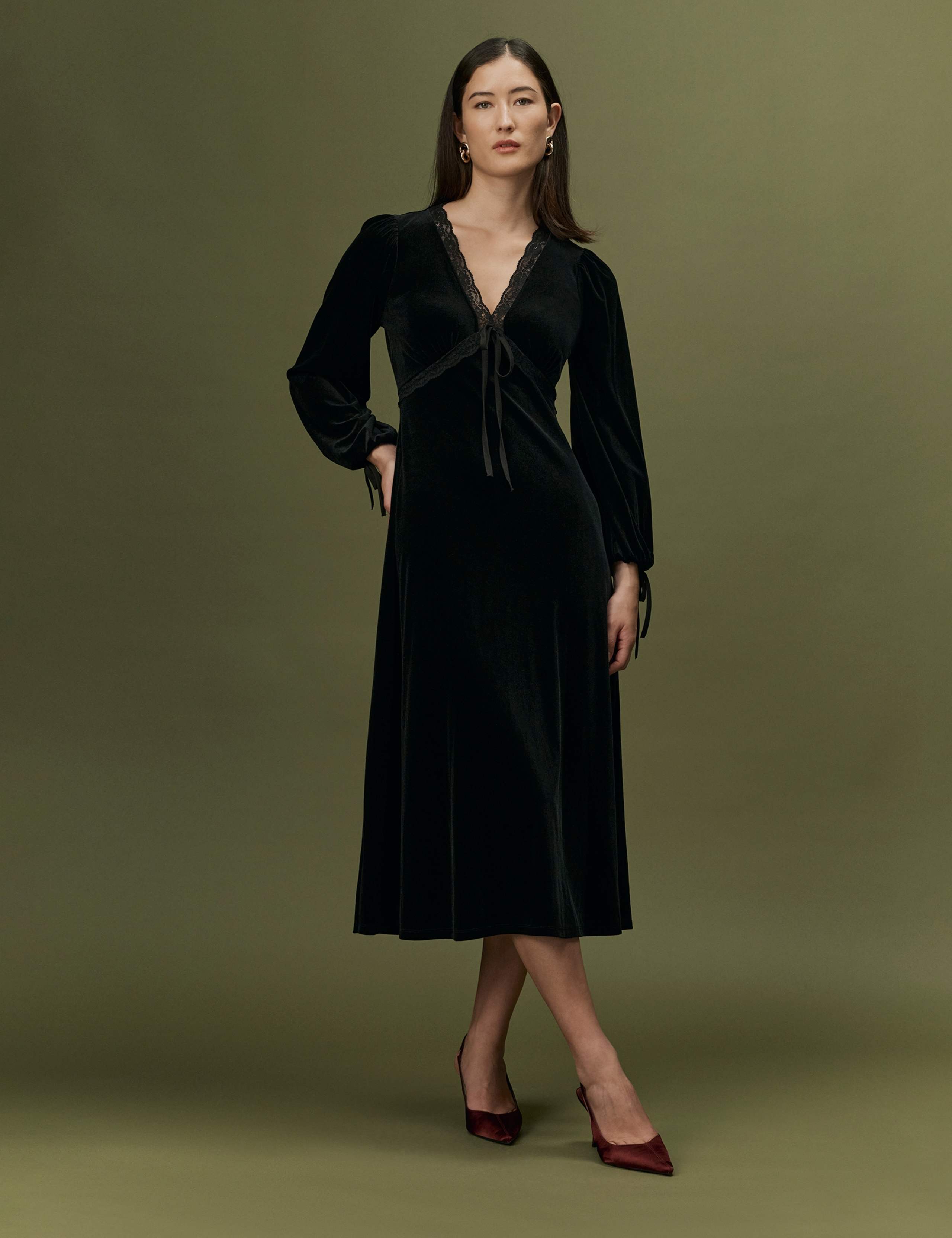 Velvet V Neck Empire Line Midi Dress