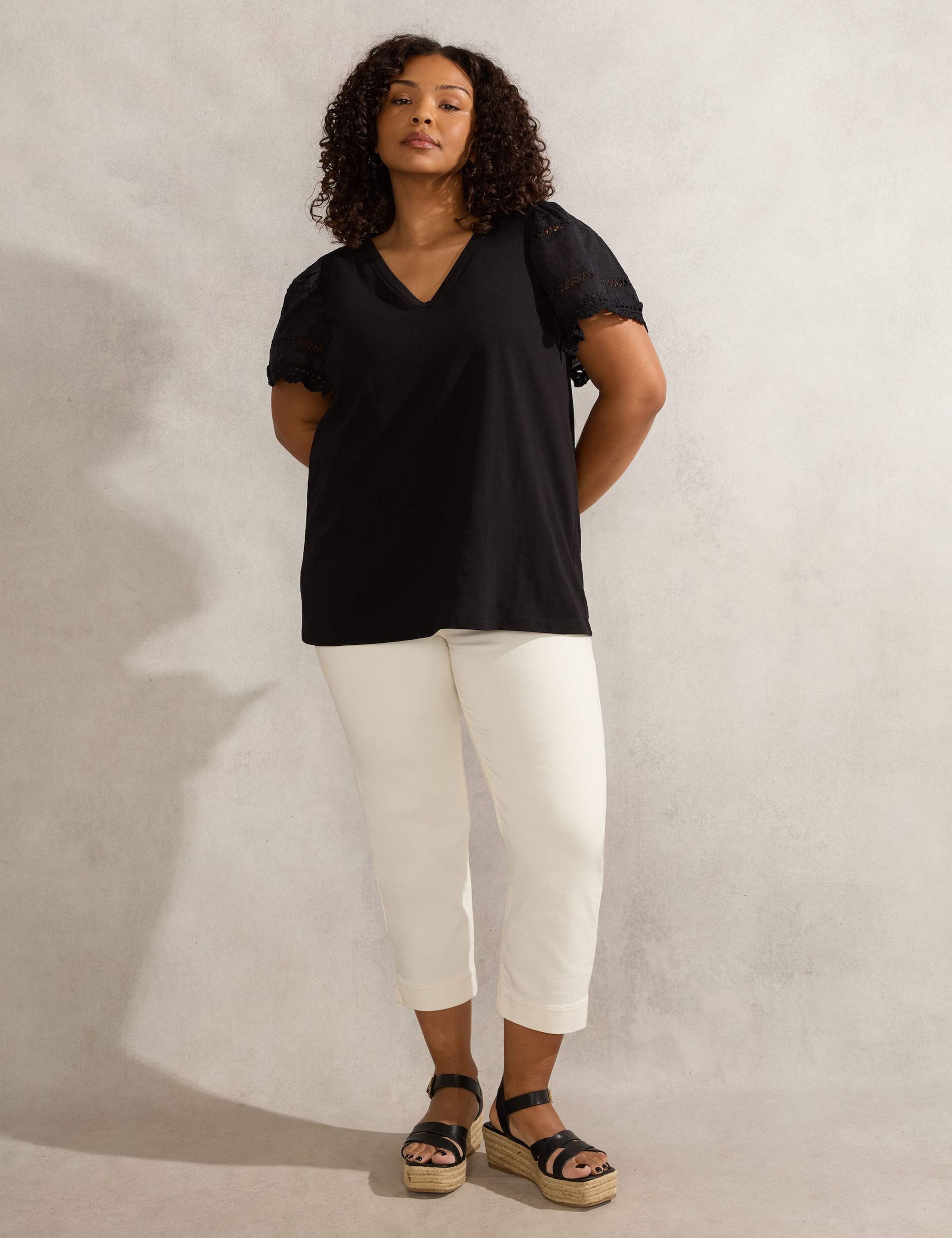 V-Neck Lace Insert Angel Sleeve Blouse