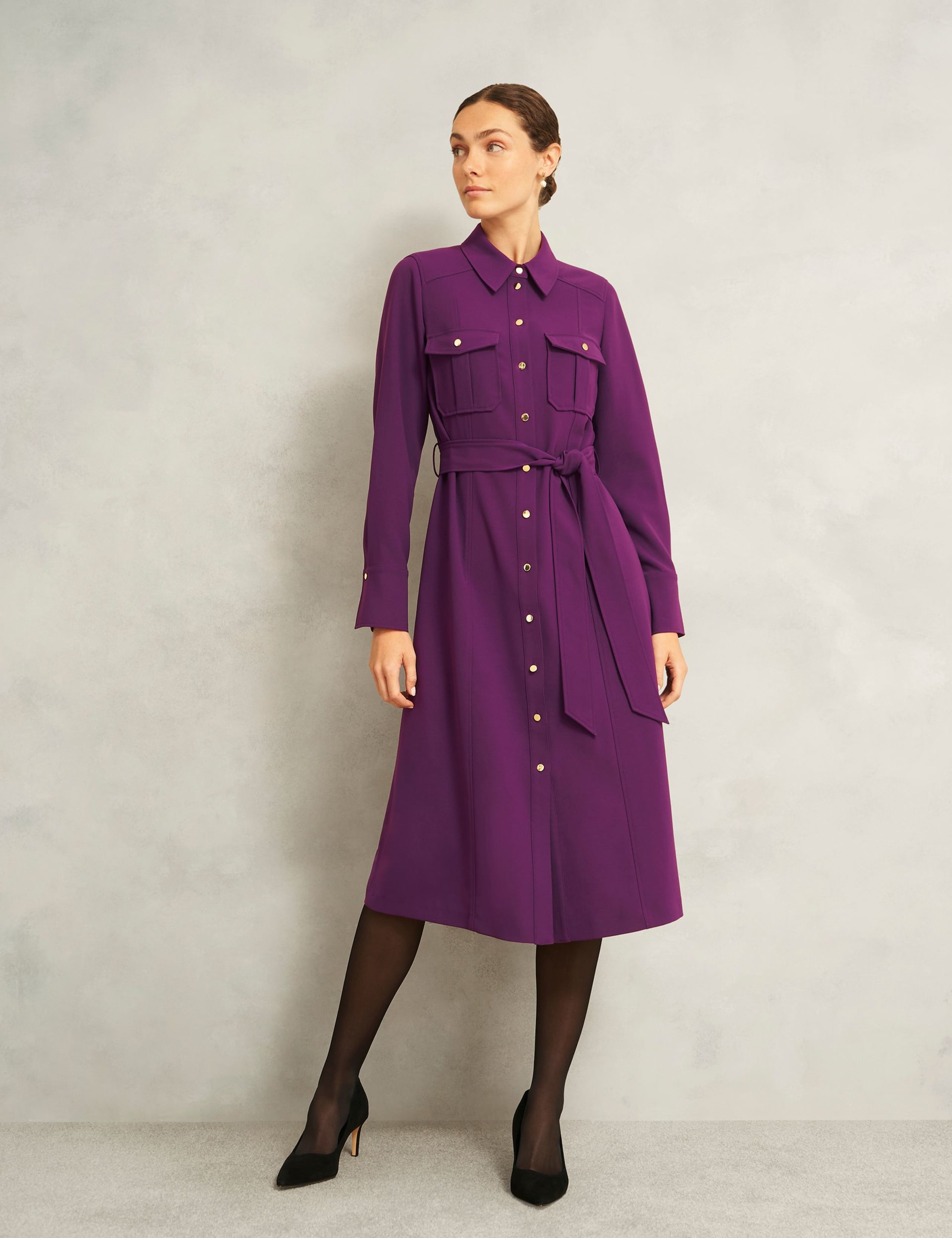 Belted Knee Length Shirt Dress