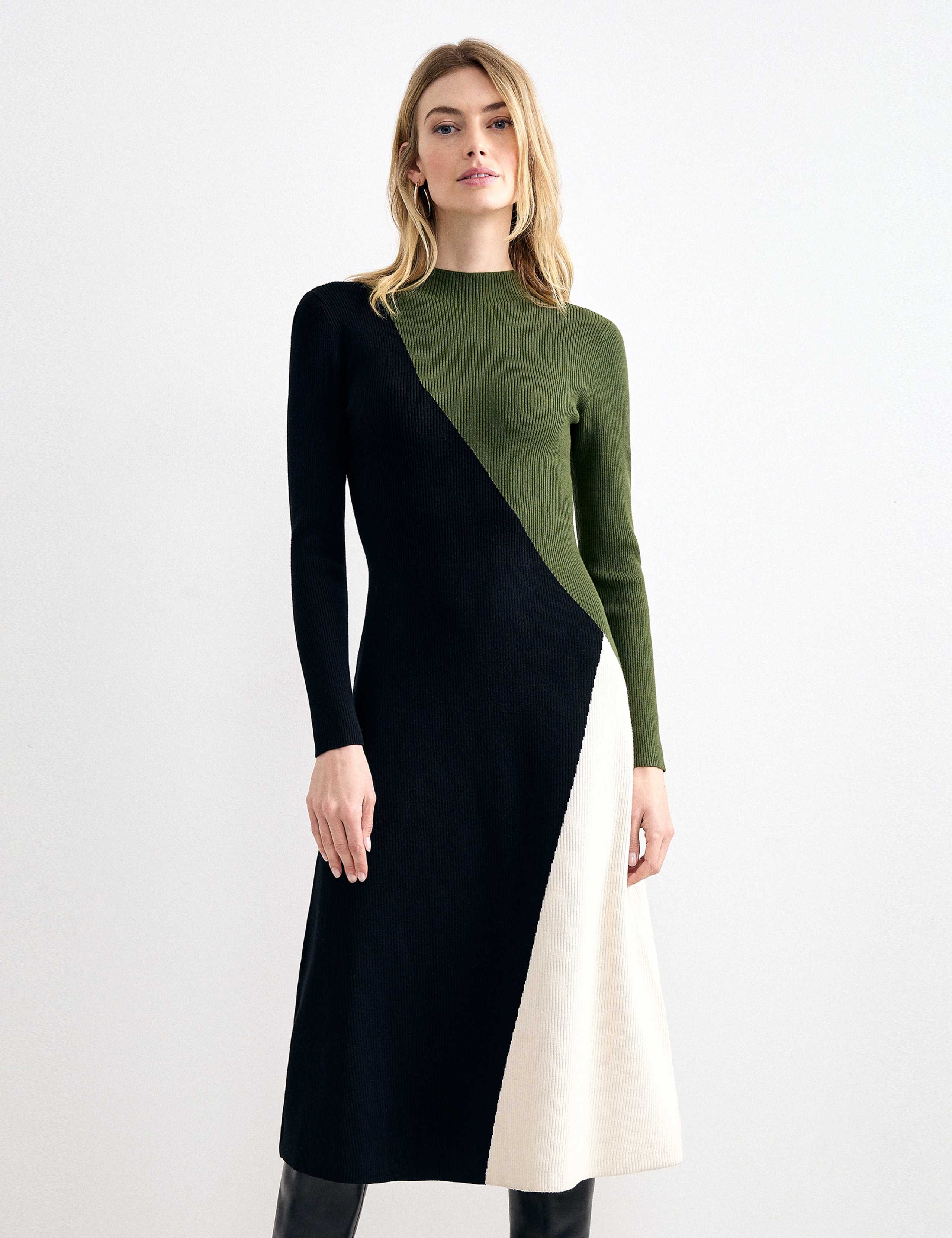 Knitted Colour Block Funnel Neck Midi Dress