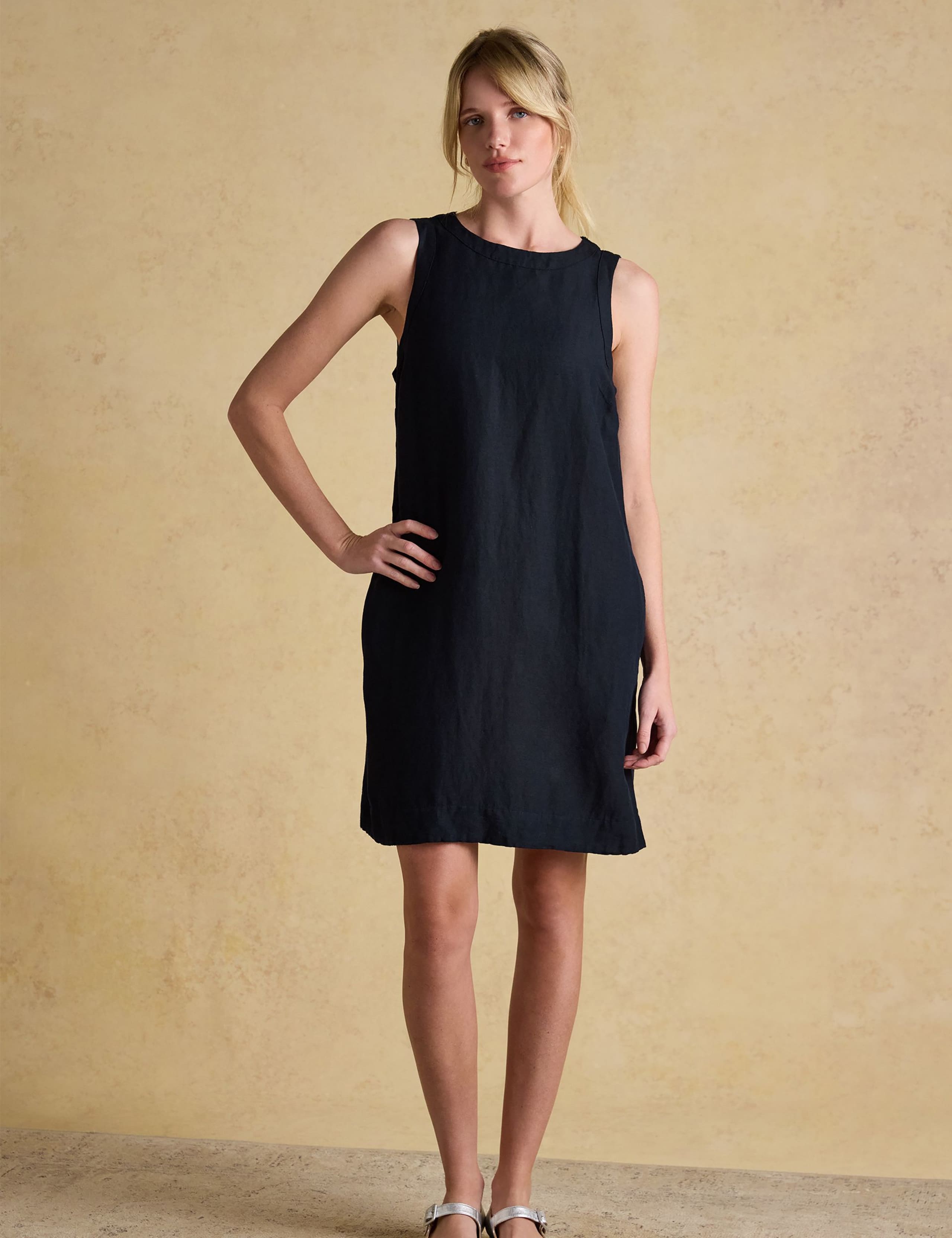 Linen Blend Round Neck Mini Shift Dress