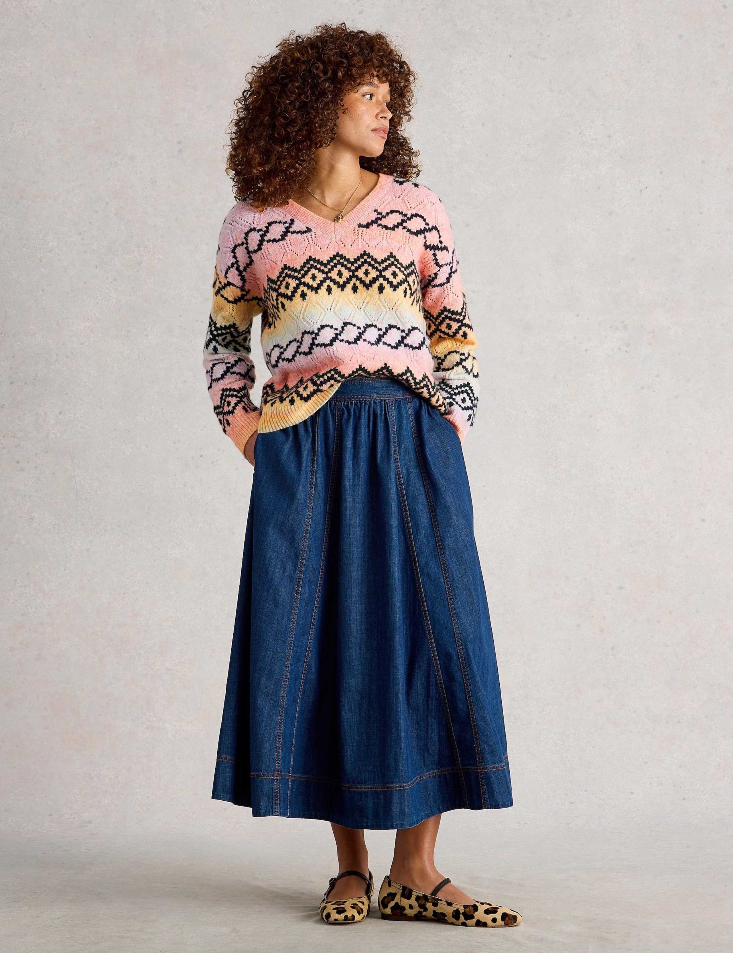Fair Isle Pointelle V-Neck Jumper with Wool