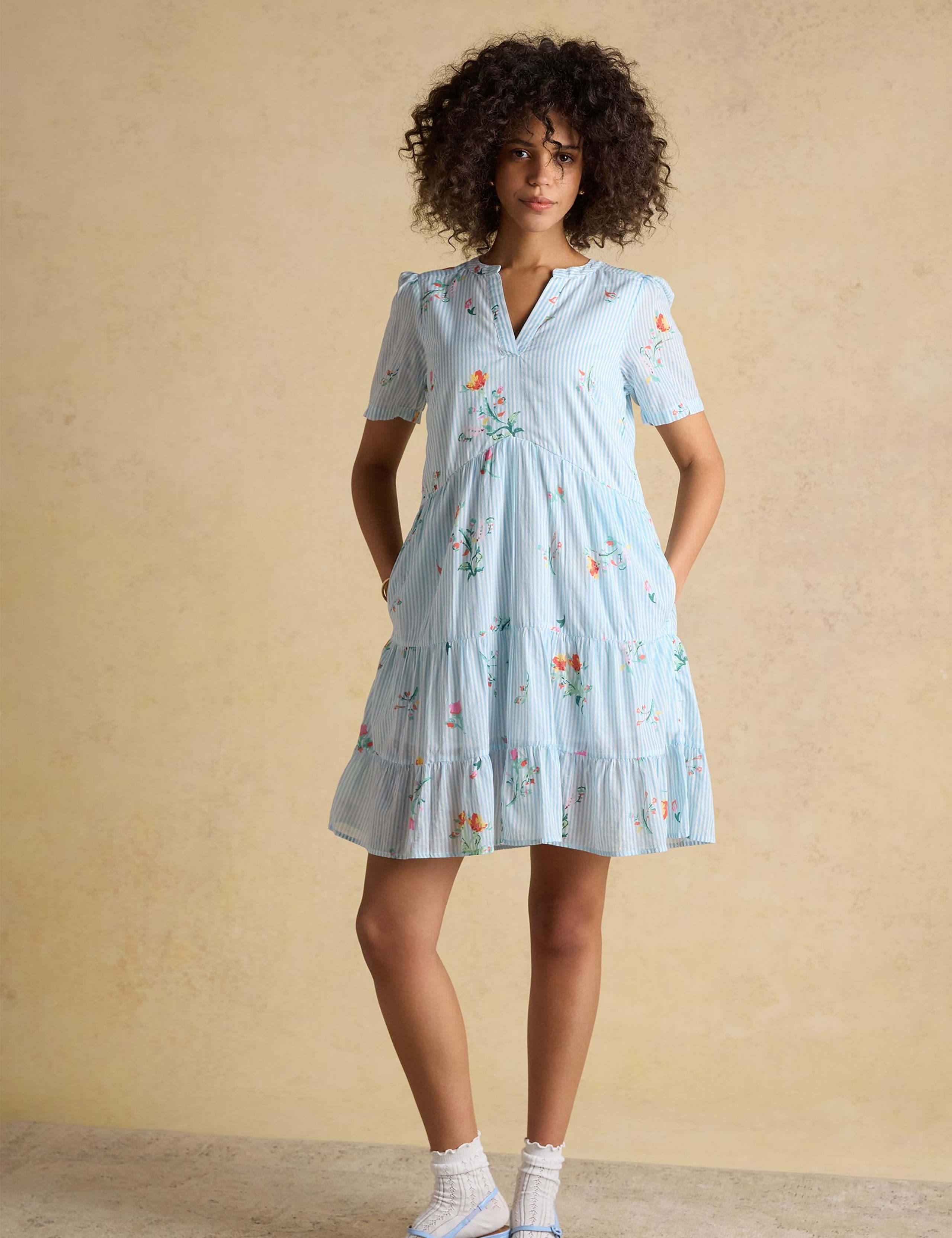 Pure Cotton Striped Floral V-Neck Mini Dress