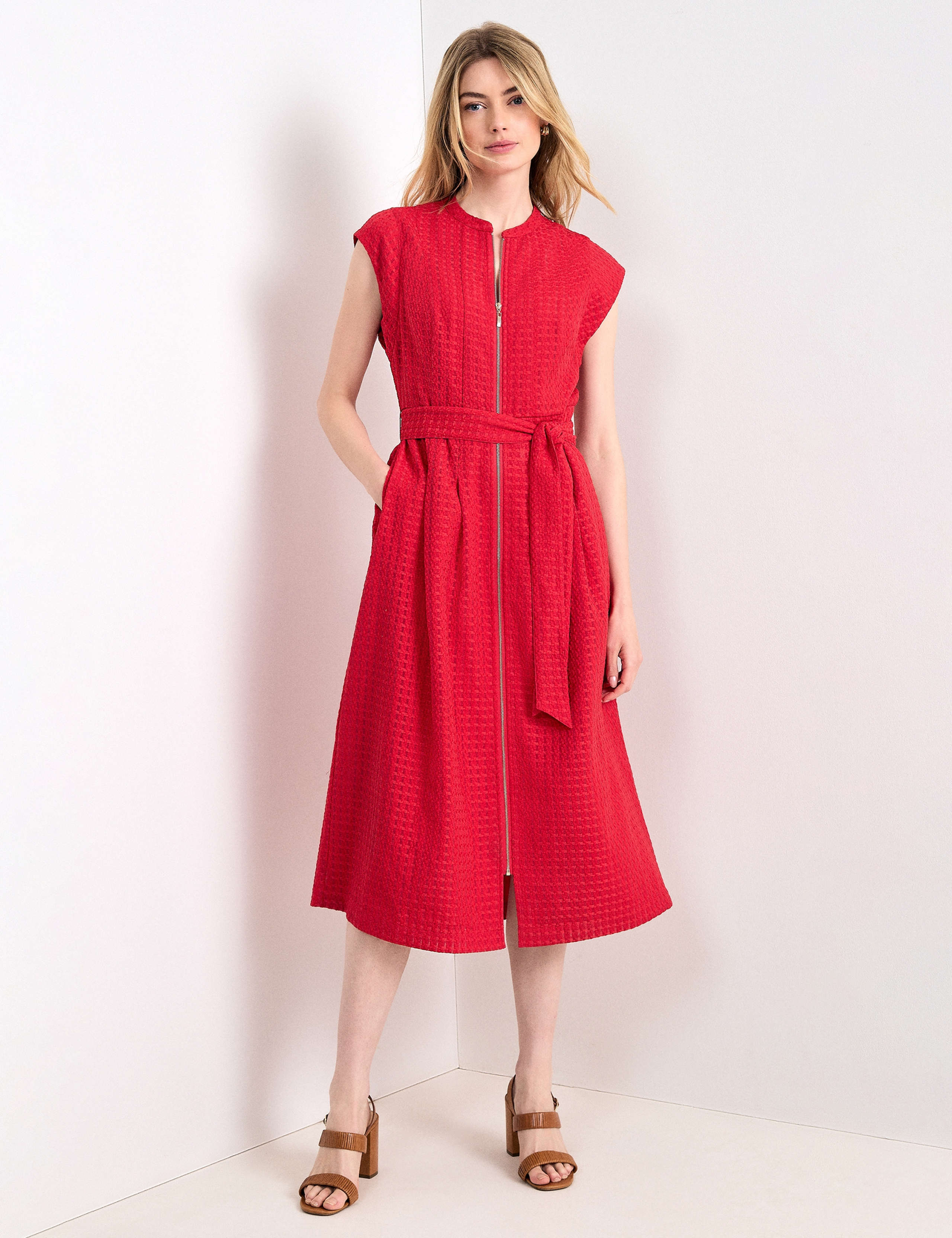 Textured Collarless Zip Up Midi Waisted