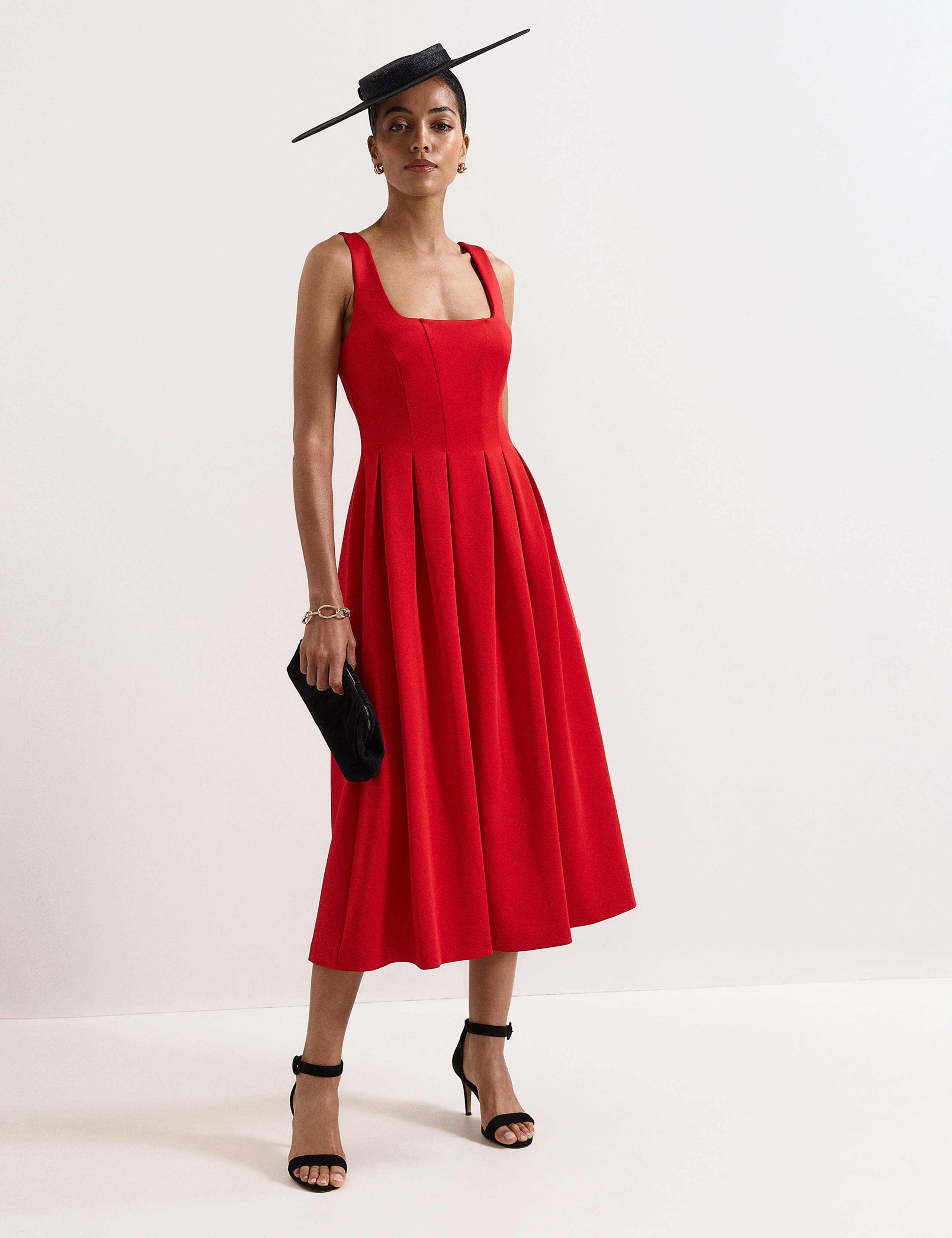 Square Neck Scuba Midi Waisted Dress