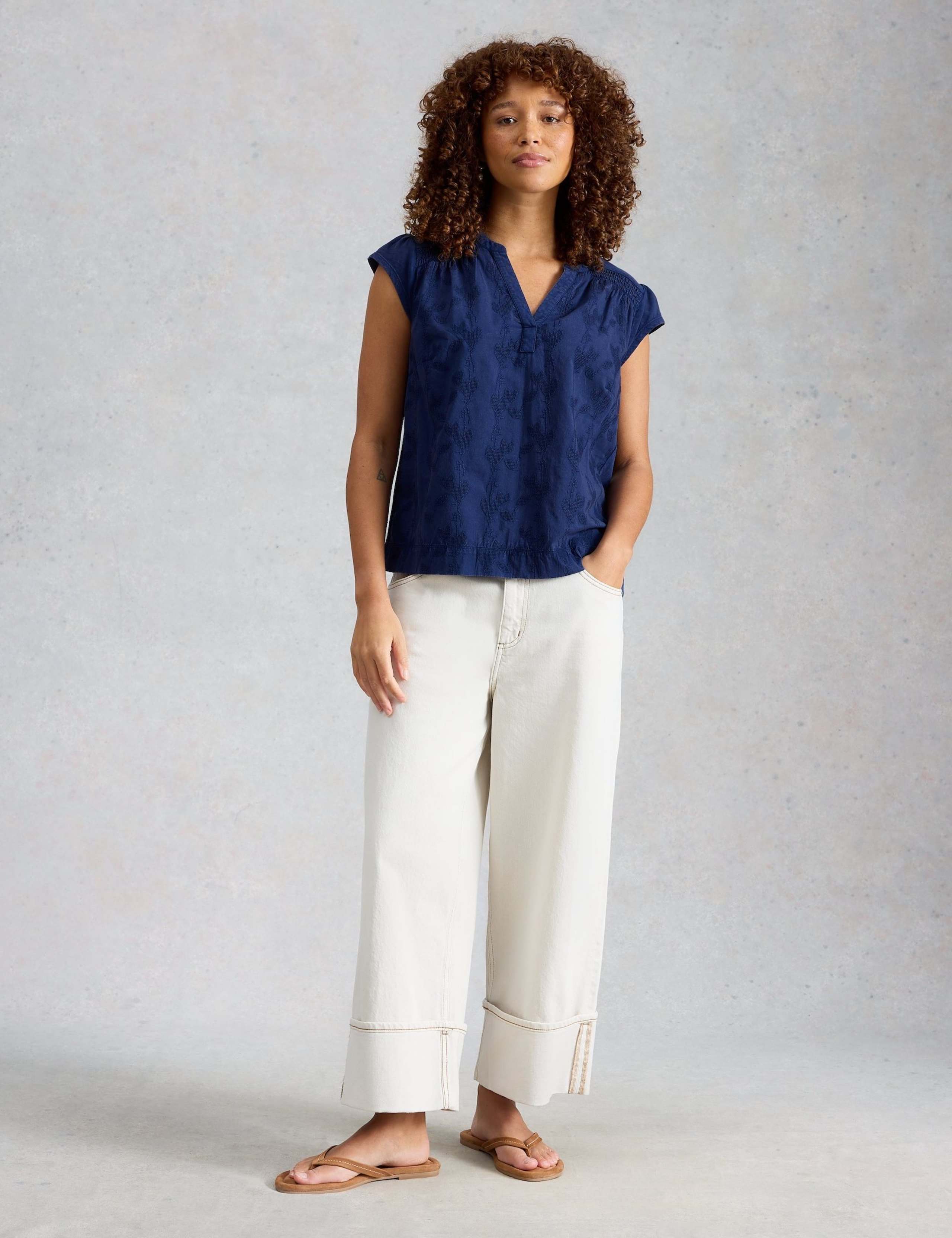 Pure Cotton Embroidered Notch Neck Blouse