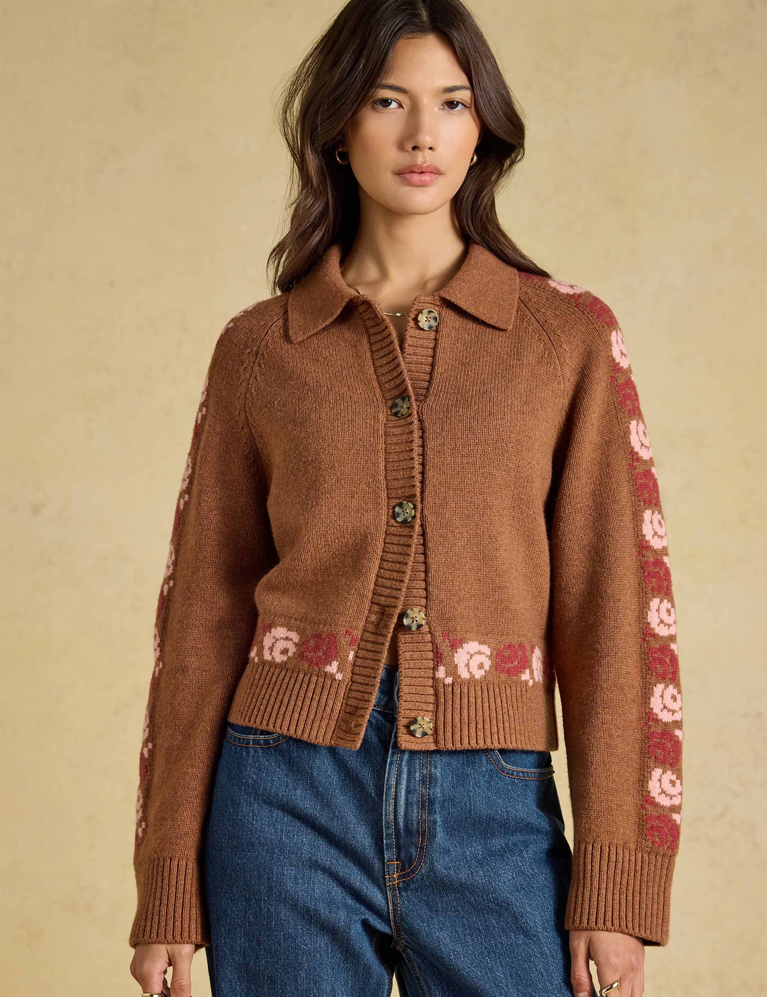 Cotton Rich Embroidered Collared Cardigan